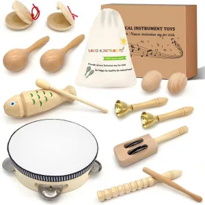 Toddler Musical Instruments - Natural Wooden Musical Toys Montessori Toys Percussion Instruments Set Preschool Educational Xylophone Kids Drum Set with Storage Bag for Boys and Girls