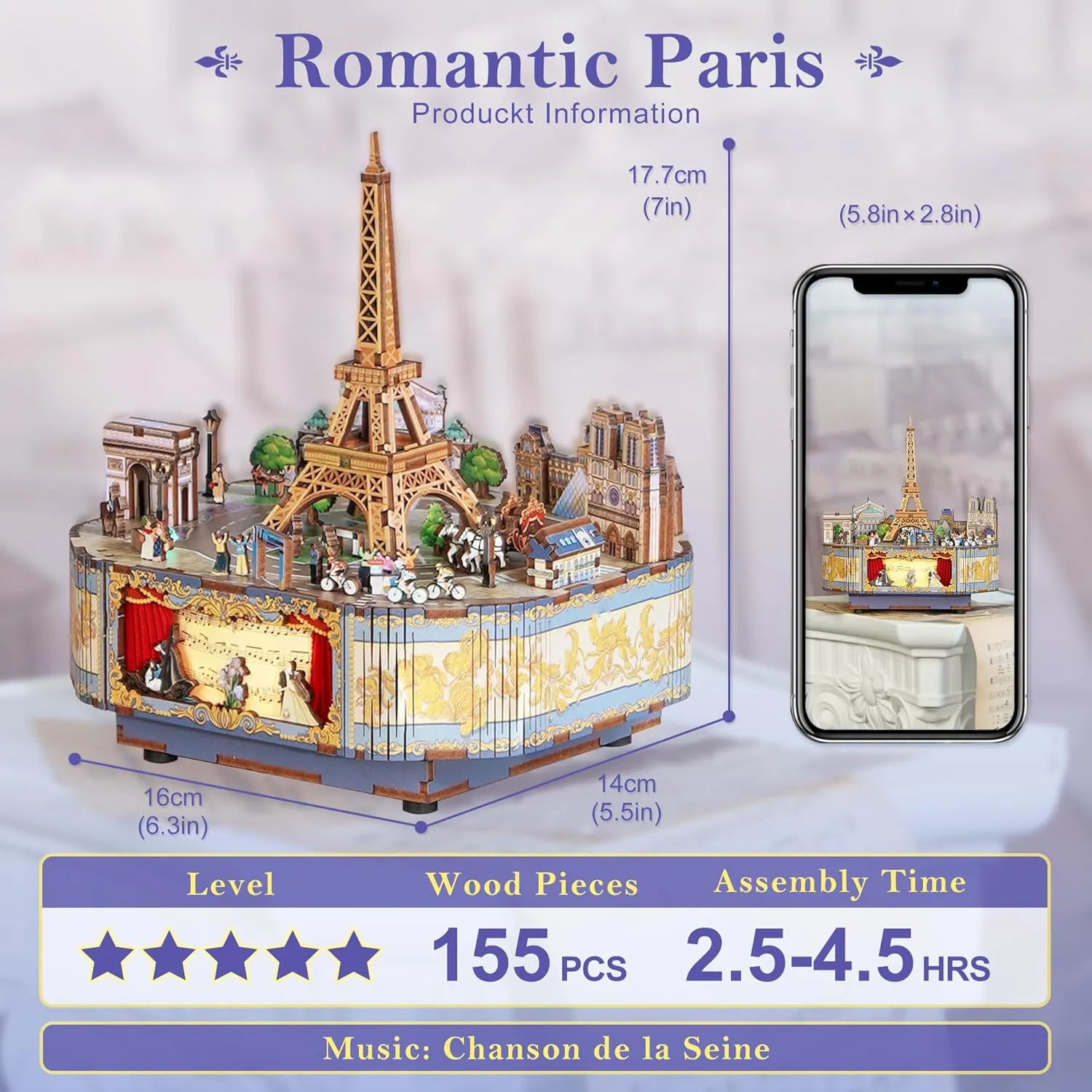 Tonecheer Wooden Music Box Puzzle for Adults, DIY Rotating Music Box Kit 3D Creative Musical Puzzle Crafts Model Building Kits Desk Decor Birthday (Romantic Paris)