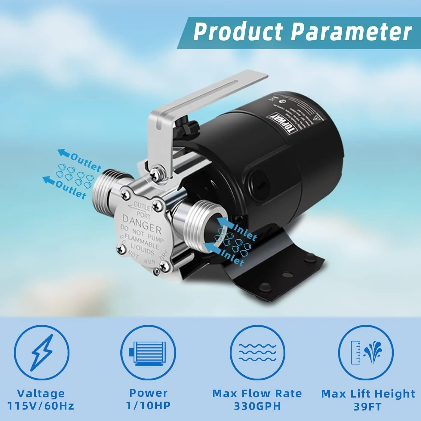 TOPWAY Water Transfer Electric Sump Utility Pump 330 GPH 1/10HP with Water Hose Kit (115V AC)…