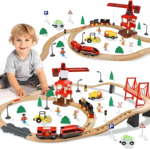 TOY Life 80pcs Wooden Train Set for Kids 3-8, Compatible with Thomas, Brio, Fits HO Scale, Modern Style, Unisex, Ages 3 