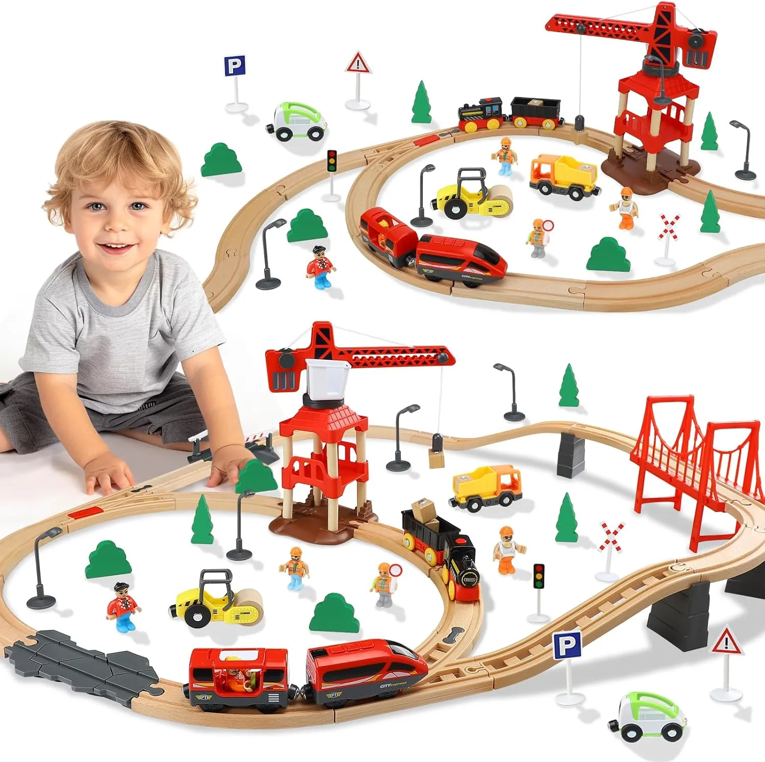 TOY Life 80pcs Wooden Train Set for Kids 3-8, Compatible with Thomas, Brio, Fits HO Scale, Modern Style, Unisex, Ages 3 