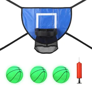 Trampoline Basketball Hoop, Trampoline Basketball Attachment with 3pcs Glow in The Dark Balls & 1 Pump Waterproof Weatherproof Material Trampoline Accessories for All Ages, Easy to Install