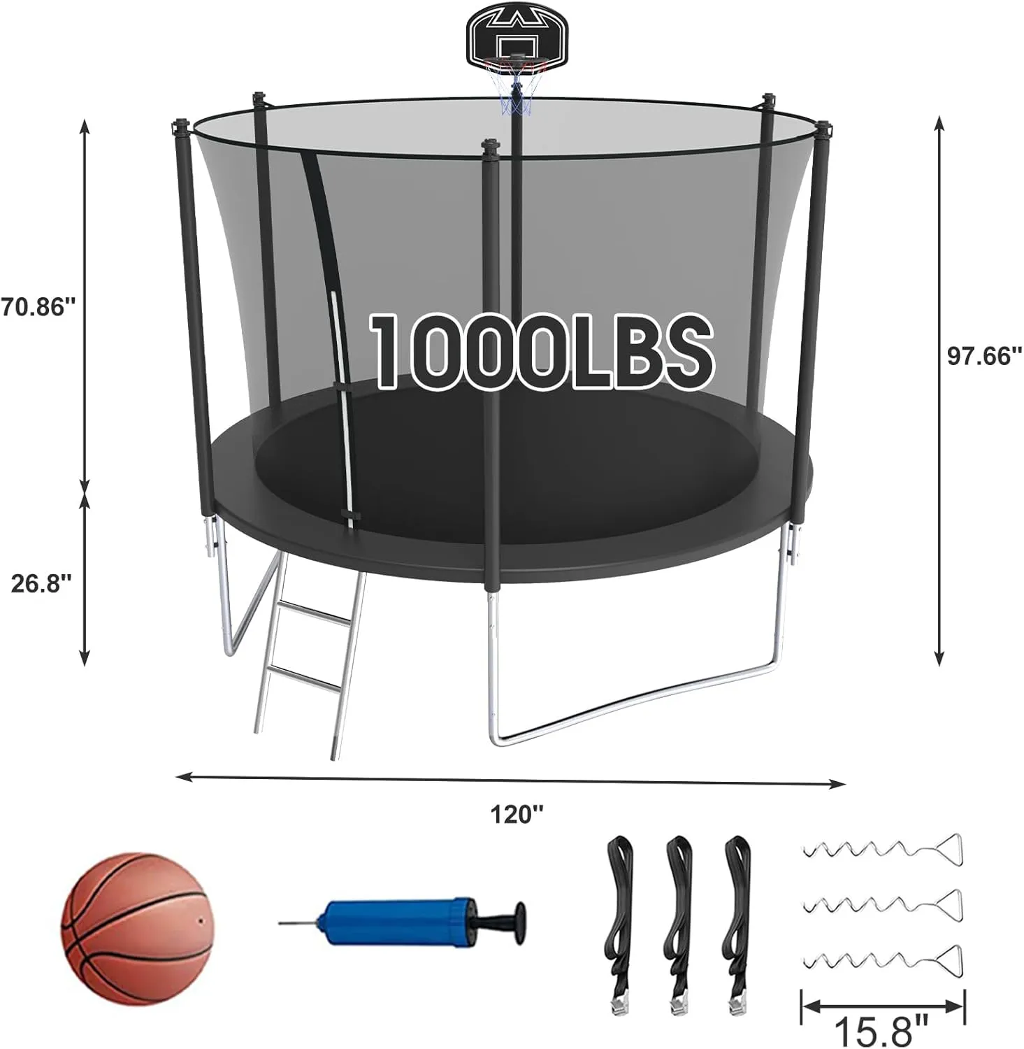 Tranpoline 1500LBS 16 15 14 12 10 8 FT Tranpoline for 7-10 Kids and Adults, Windproof Outdoor Tranpoline with Enclosure Net, Basketball Hoop, Easy to Install & Last Long - ASTM Approved