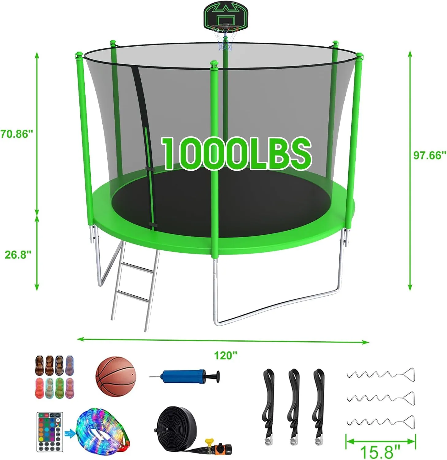 Tranpoline 1500LBS 16 15 14 12 10 8 FT Tranpoline for 7-10 Kids and Adults, Windproof Outdoor Tranpoline with Enclosure Net, Basketball Hoop, Easy to Install & Last Long - ASTM Approved