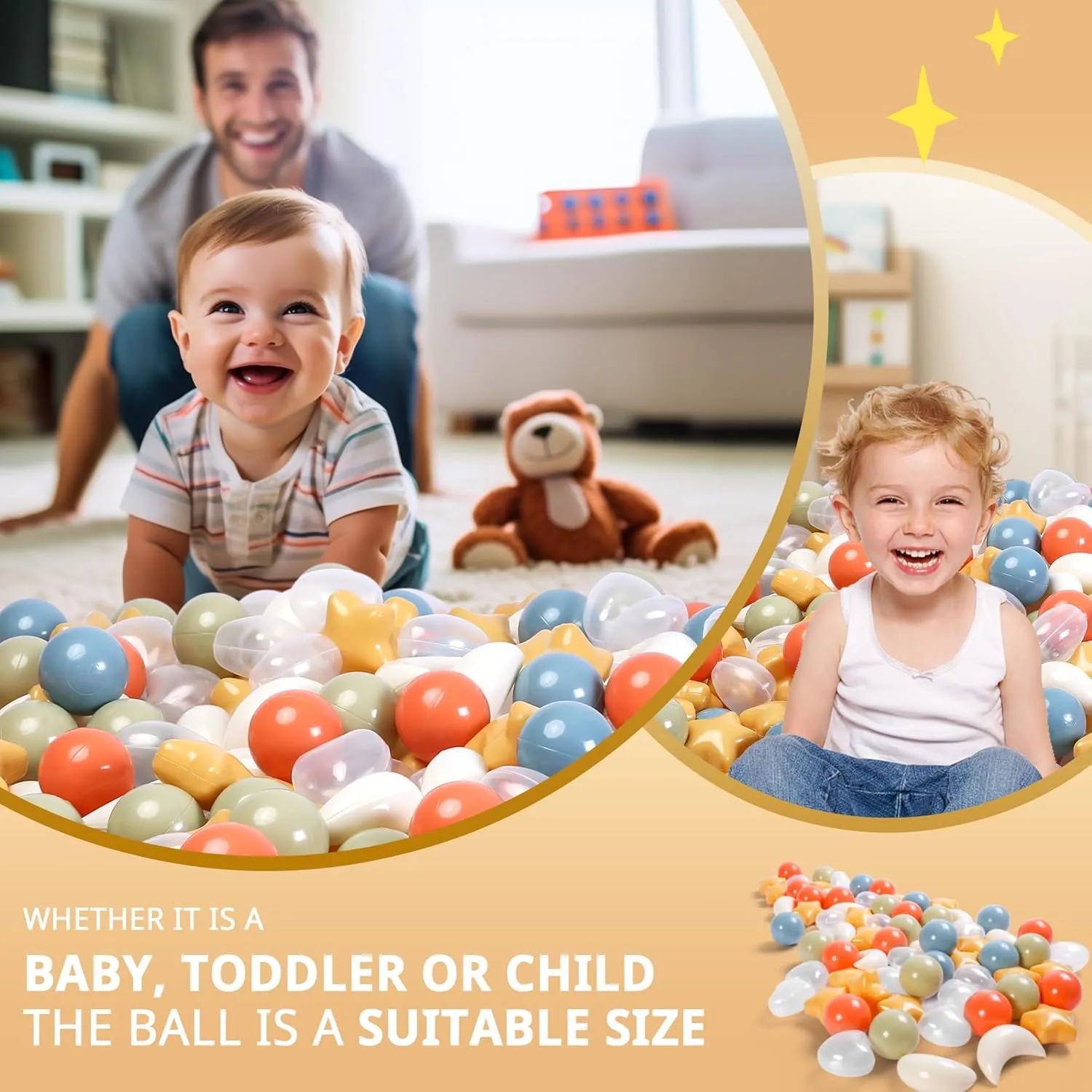 TRENDPLAY Star Ball Pit Balls 100-Piece Set: Vibrant Mix of Shapes - Larger Star Heart Shapes for Kids, Perfect for Parties, Playtime, Small or Medium