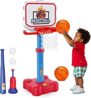 Tsomtto 4 in 1 Kids Basketball Hoop & T Ball Set Indoor Outdoor Toys for Toddlers 1-3 Adjustable Toddler Pool Basketball Hoop Goal Sports Outside Play Toys for 1 2 Year Old Boys Girls Birthday Gifts