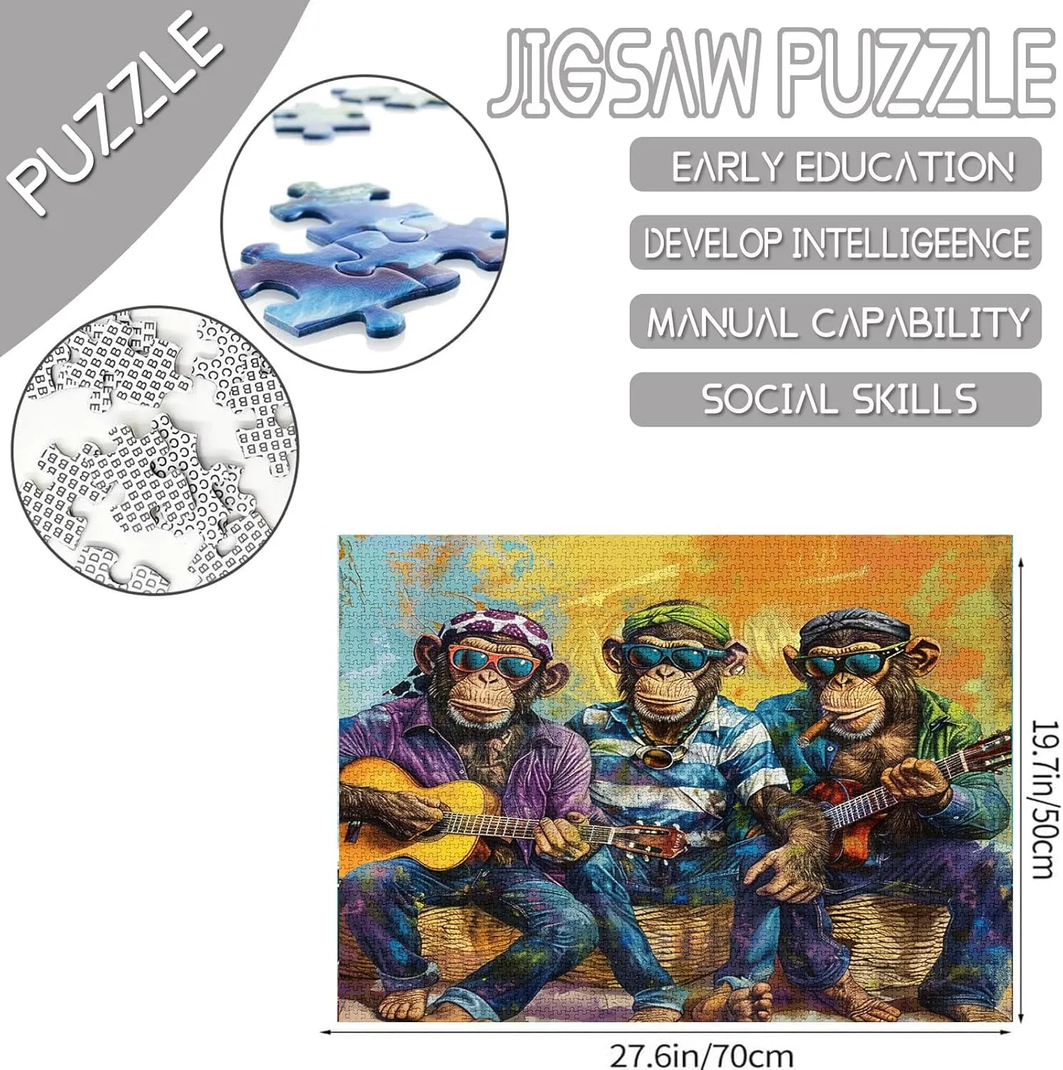 Tucocoo 1000 Piece Jigsaw Puzzles for Adults Guitar Monkey Painting Jigsaw Puzzle Funny Animal 1000 Pieces Puzzles for Challenging Family Activity Game Happy Musical Art Wall Decor DIY Puzzle Gifts