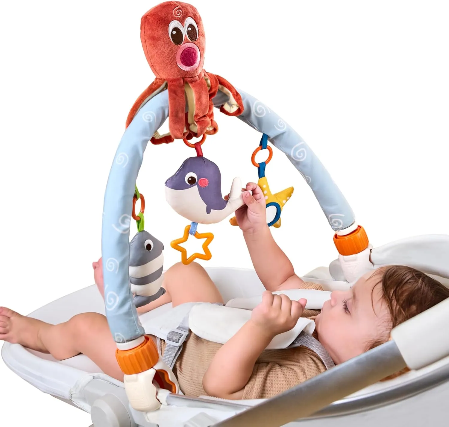 TUMAMA Clip-On Crib Activity Arch Toy, Stroller Car Seat Hanging Toy, Newborn Plush Octopus Toy, Travel Play Arch with 3 Sensory Hanging Soft Toys
