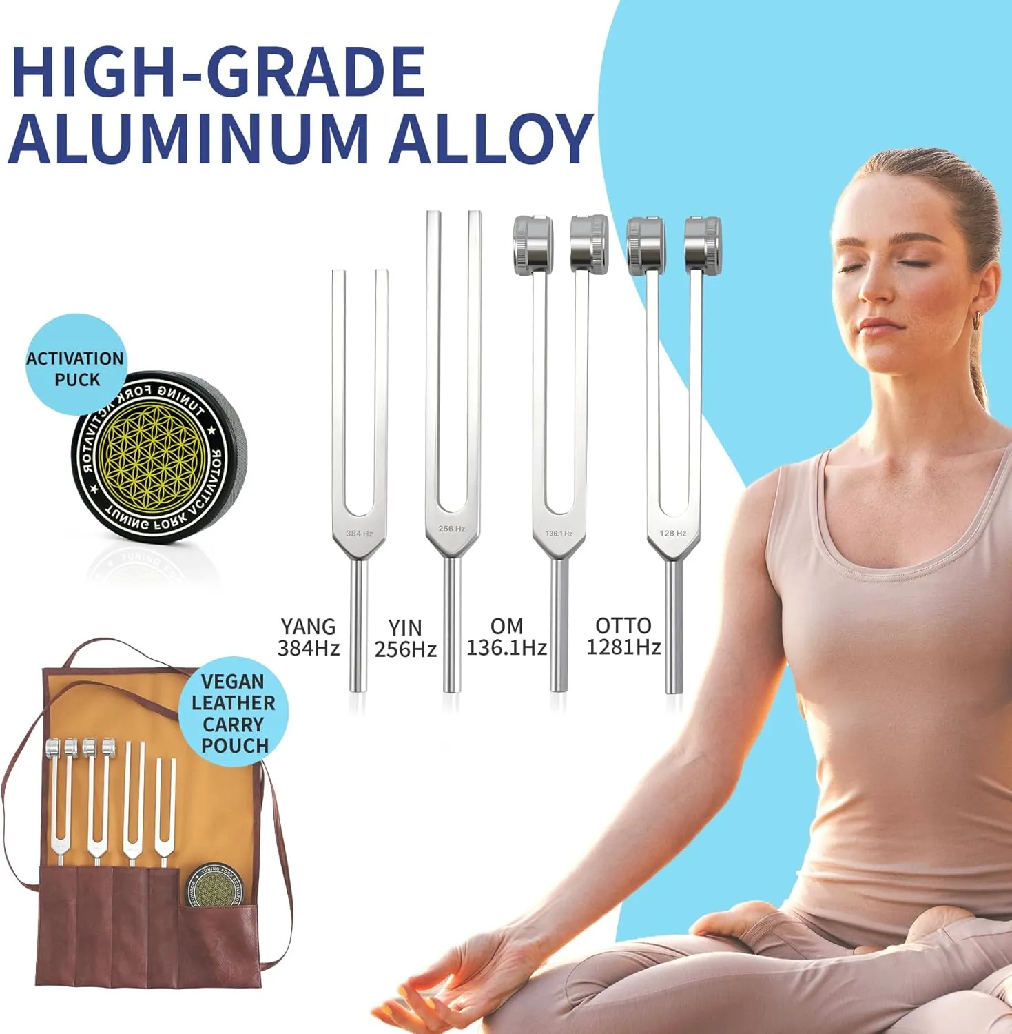 Tuning Forks for Healing Set – Includes 128Hz, 136Hz, 256Hz, 384Hz & Activator, Portable in Red Leather Pouch – Medical Grade Sound Healing Instruments for Chakra, Yoga, and Meditation