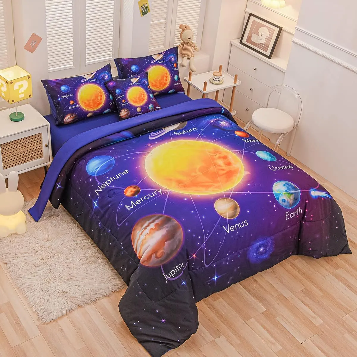 Twin Size Comforter Sets for Boys, Space Bedding Set Twin Bed in a Bag, 6 Pcs Universe Planet Galaxy Comforter Set with Sheets