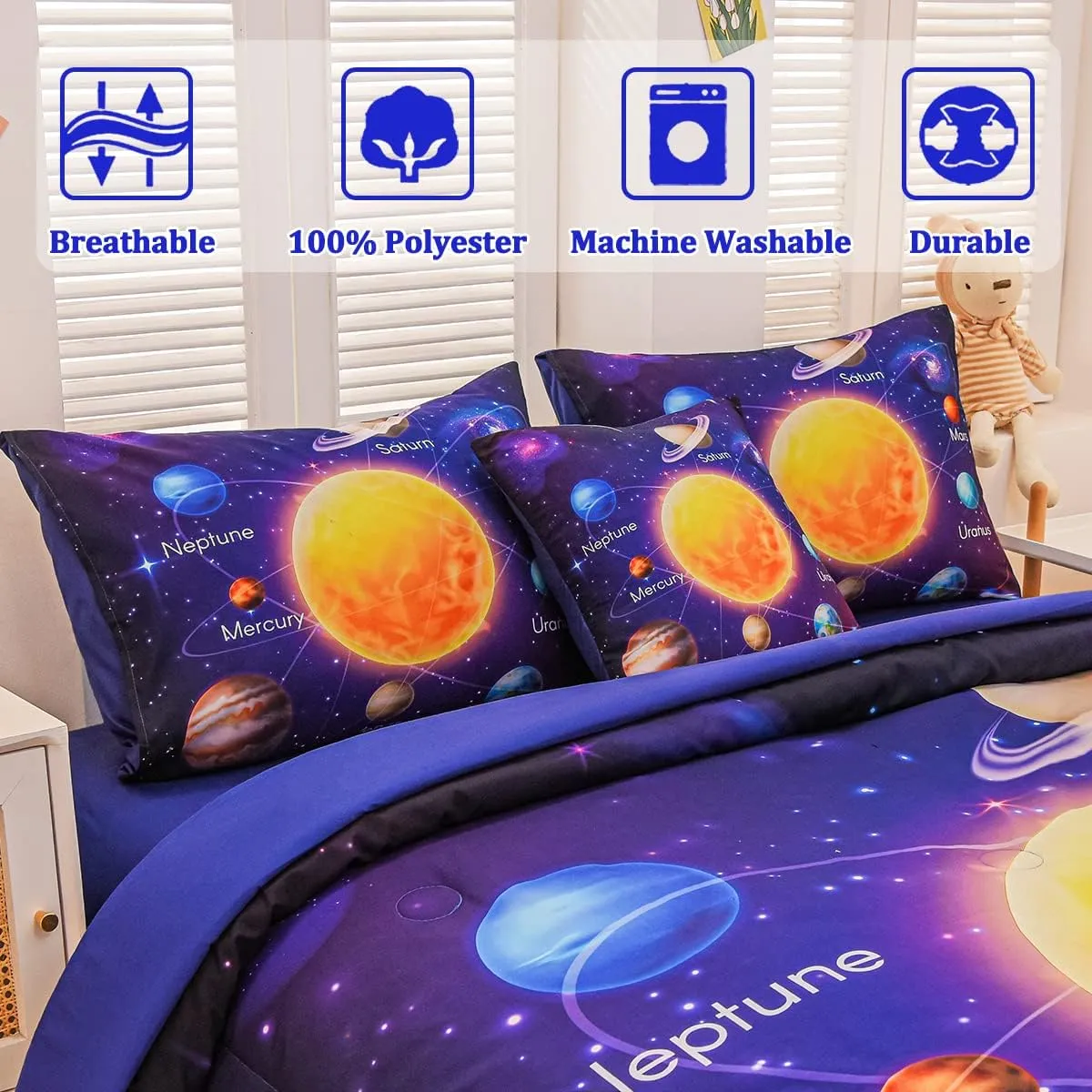 Twin Size Comforter Sets for Boys, Space Bedding Set Twin Bed in a Bag, 6 Pcs Universe Planet Galaxy Comforter Set with Sheets