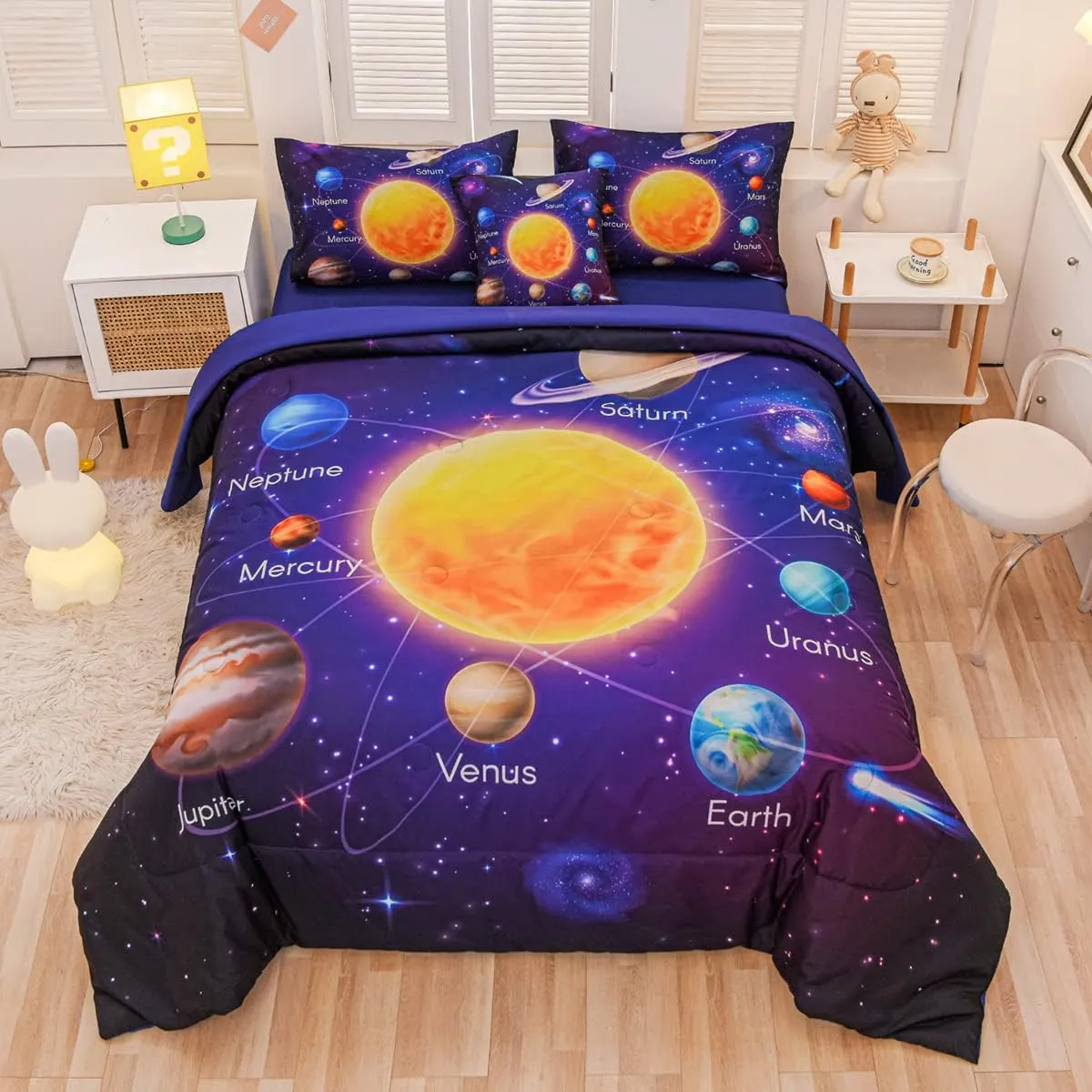 Twin Size Comforter Sets for Boys, Space Bedding Set Twin Bed in a Bag, 6 Pcs Universe Planet Galaxy Comforter Set with Sheets