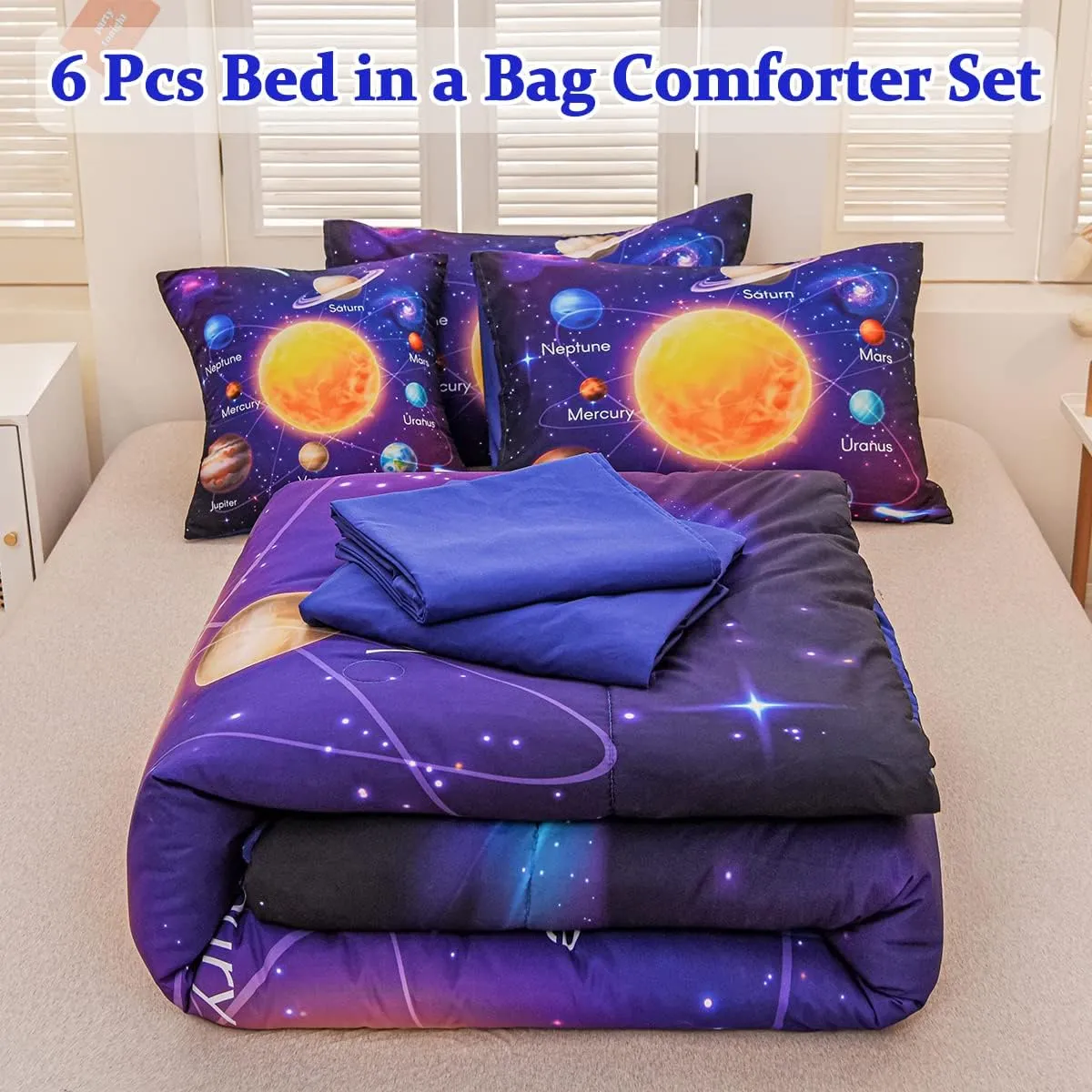 Twin Size Comforter Sets for Boys, Space Bedding Set Twin Bed in a Bag, 6 Pcs Universe Planet Galaxy Comforter Set with Sheets