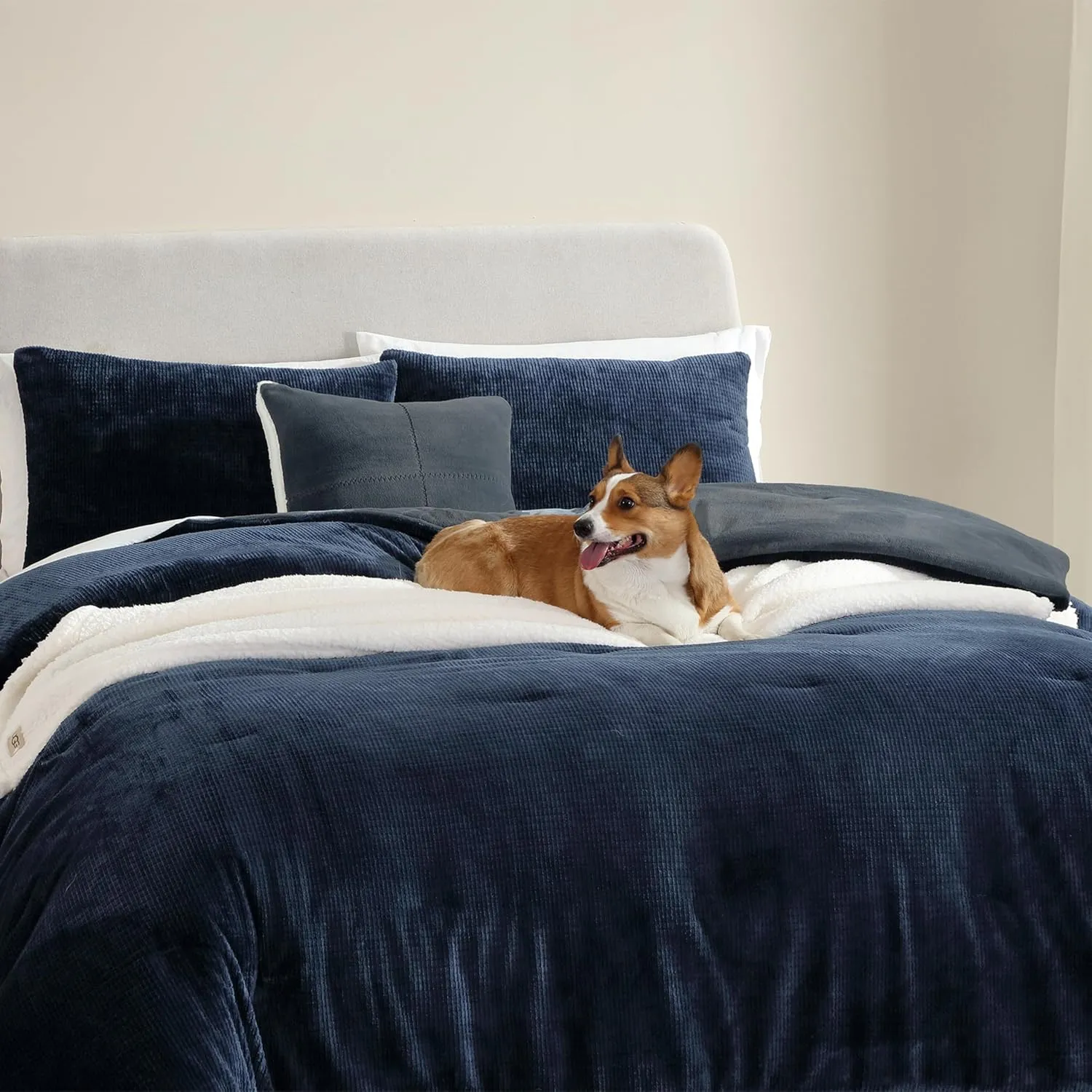 UGG Remina Comforter Set 5 Piece Bed in a Bag with Throw Blanket, Decorative Pillow, Shams, and Reversible Comforter Hypoallergenic Washable Luxury Plush Warm Plush Fluffy Bedding Set, King, Navy Blue