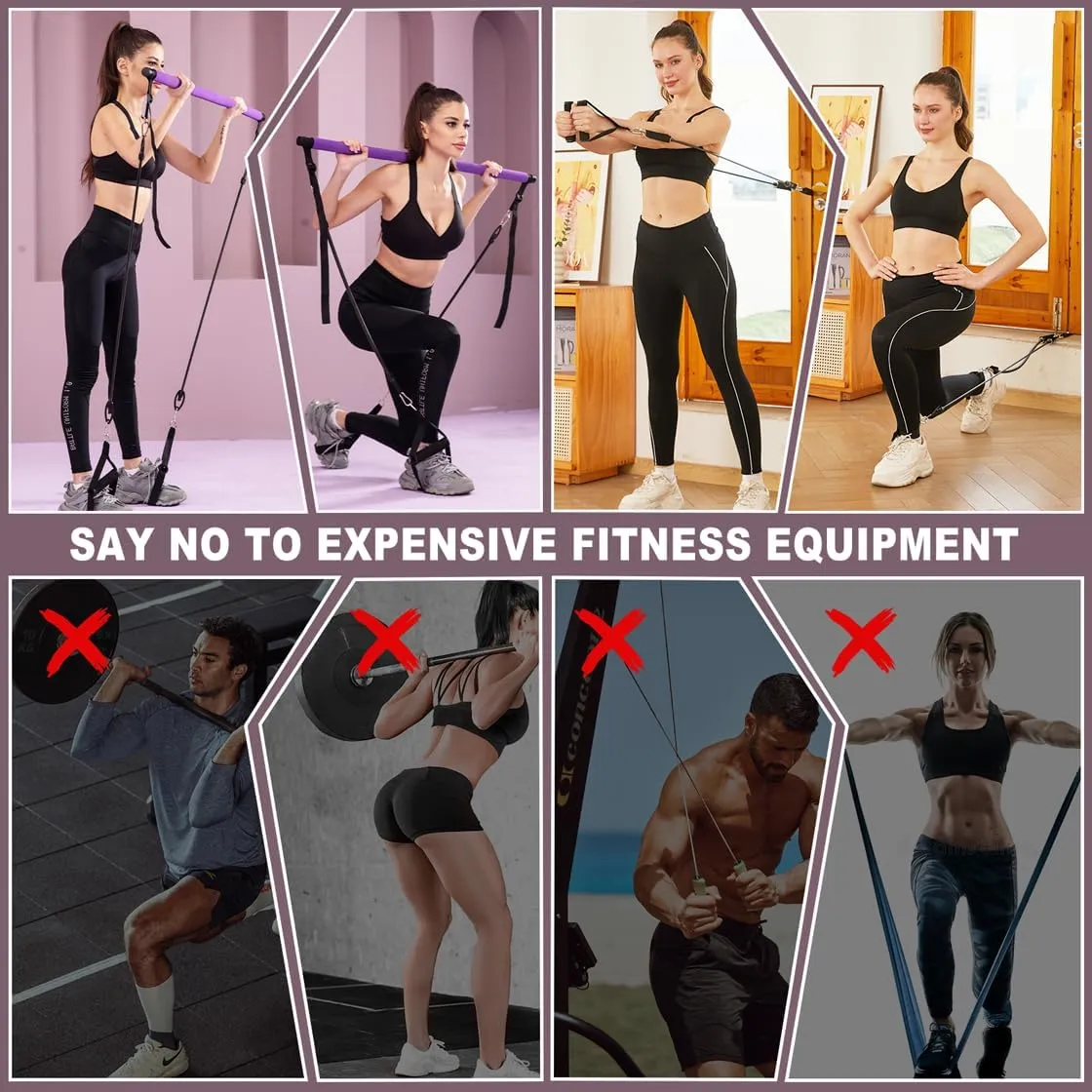 Ultimate Pilates bar kit.Multiple Fitness bar with Resistance Bands, Ab Rollers. Core Strength Training Equipment. Squat Machine for Men and Women. Portable Home Gym