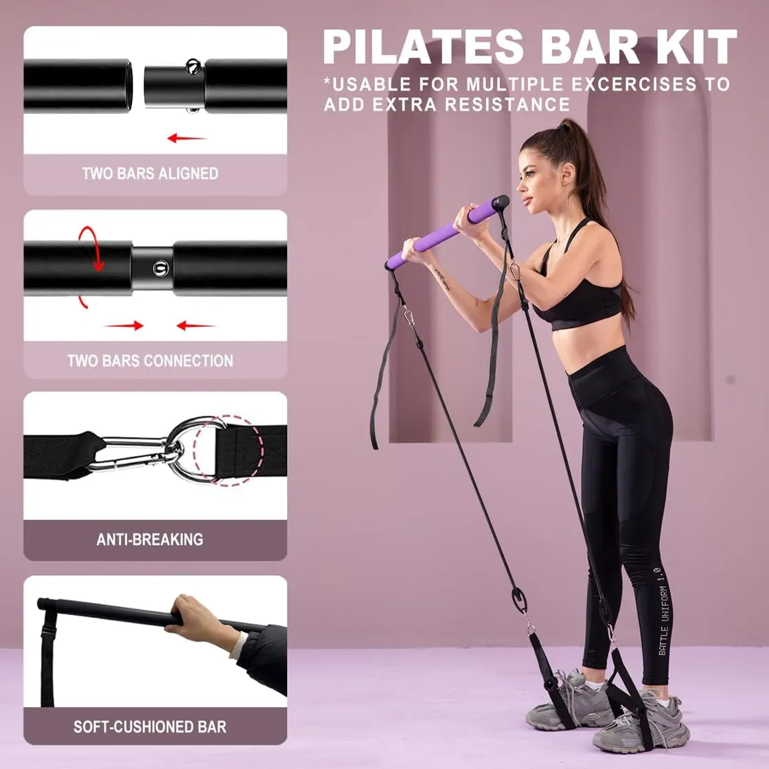 Ultimate Pilates bar kit.Multiple Fitness bar with Resistance Bands, Ab Rollers. Core Strength Training Equipment. Squat Machine for Men and Women. Portable Home Gym