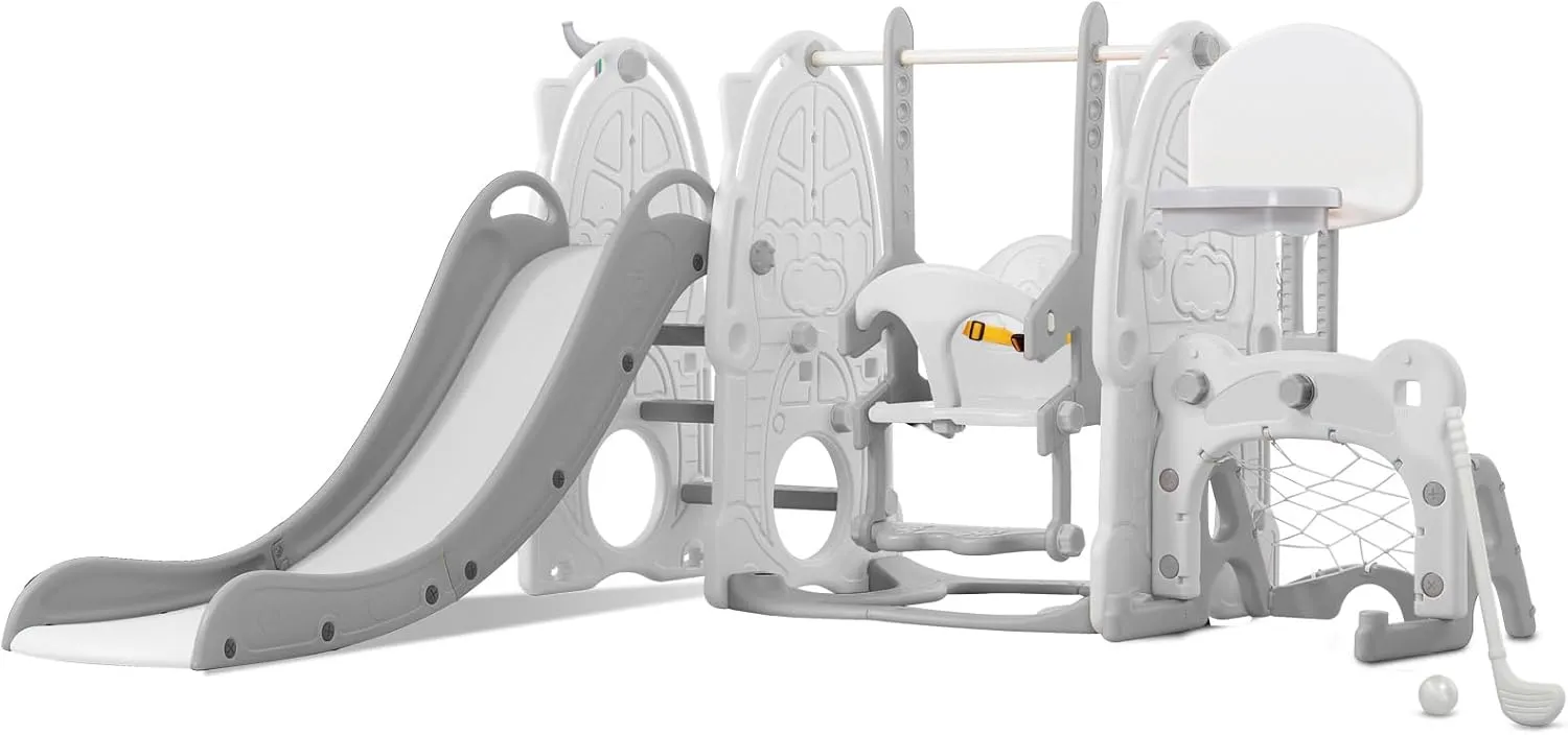 UNICOO® Toddler Slide and Swing Set, Indoor & Outdoor Toys for Toddlers 3  w/Basketball Hoop, Toddler Slide Playset, Kids Swing Playground Combination for Boys & Girls (8 in 1 - White Grey)