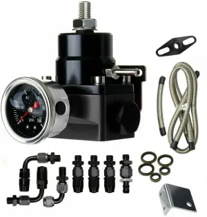Universal Adjustable Aluminum Fuel Pressure Regulator Kit Oil 0-100psi Gauge -6AN 6AN Fuel Line Hose Fitting Connectors Kit Black