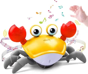 Upgraded Crawling Crab Baby Toy - Electric Sensing Toy - Fun Interactive Dancing Walking Moving Toy, Babies Sensory Induction Crabs with Music & Lights for 3  Years (Orange)