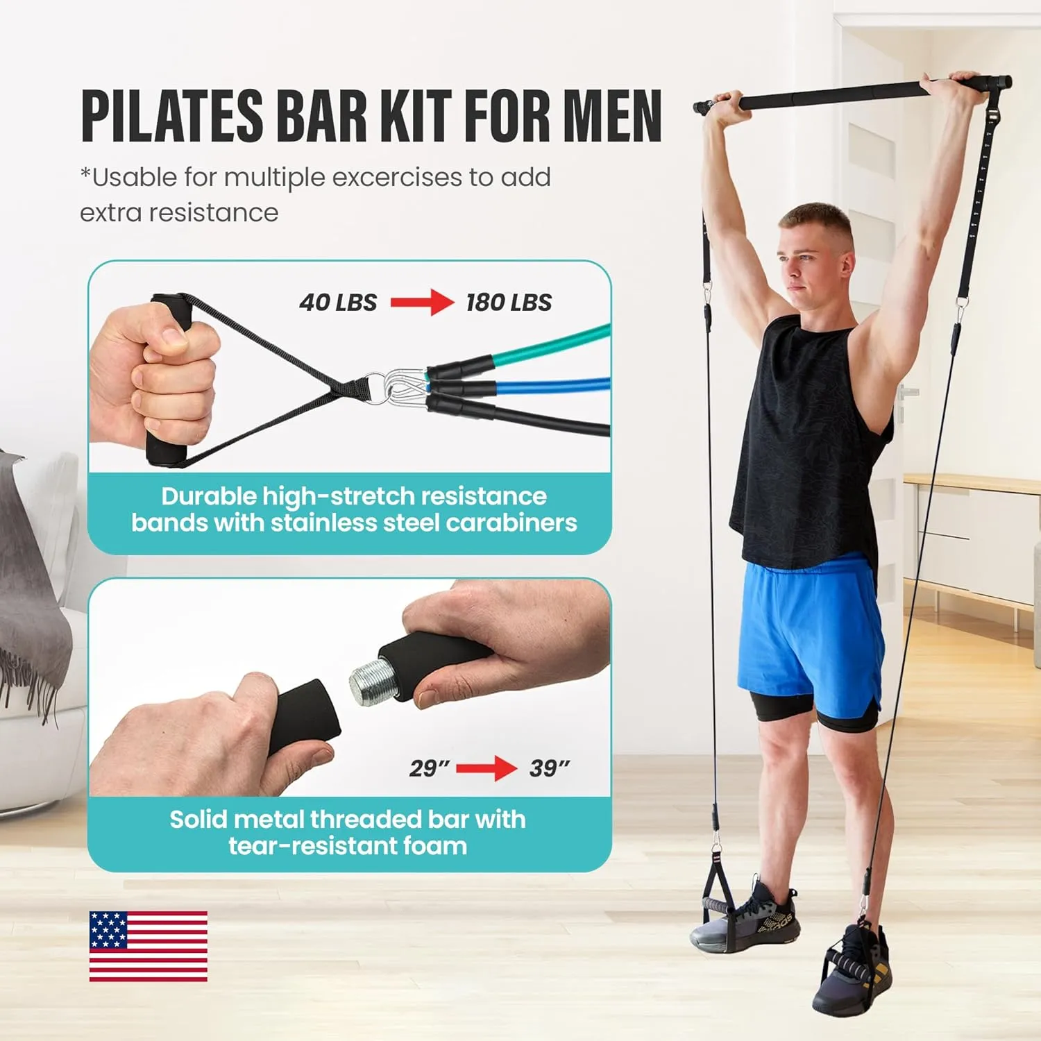 Upgraded Pilates Bar Kit – 39” Adjustable Exercise Equipment for Men, Women with 6X 20, 30, 40 lbs Resistance Bands with Adjustment Buckle – Pilates Equipment for Home Workouts for All Fitness Levels