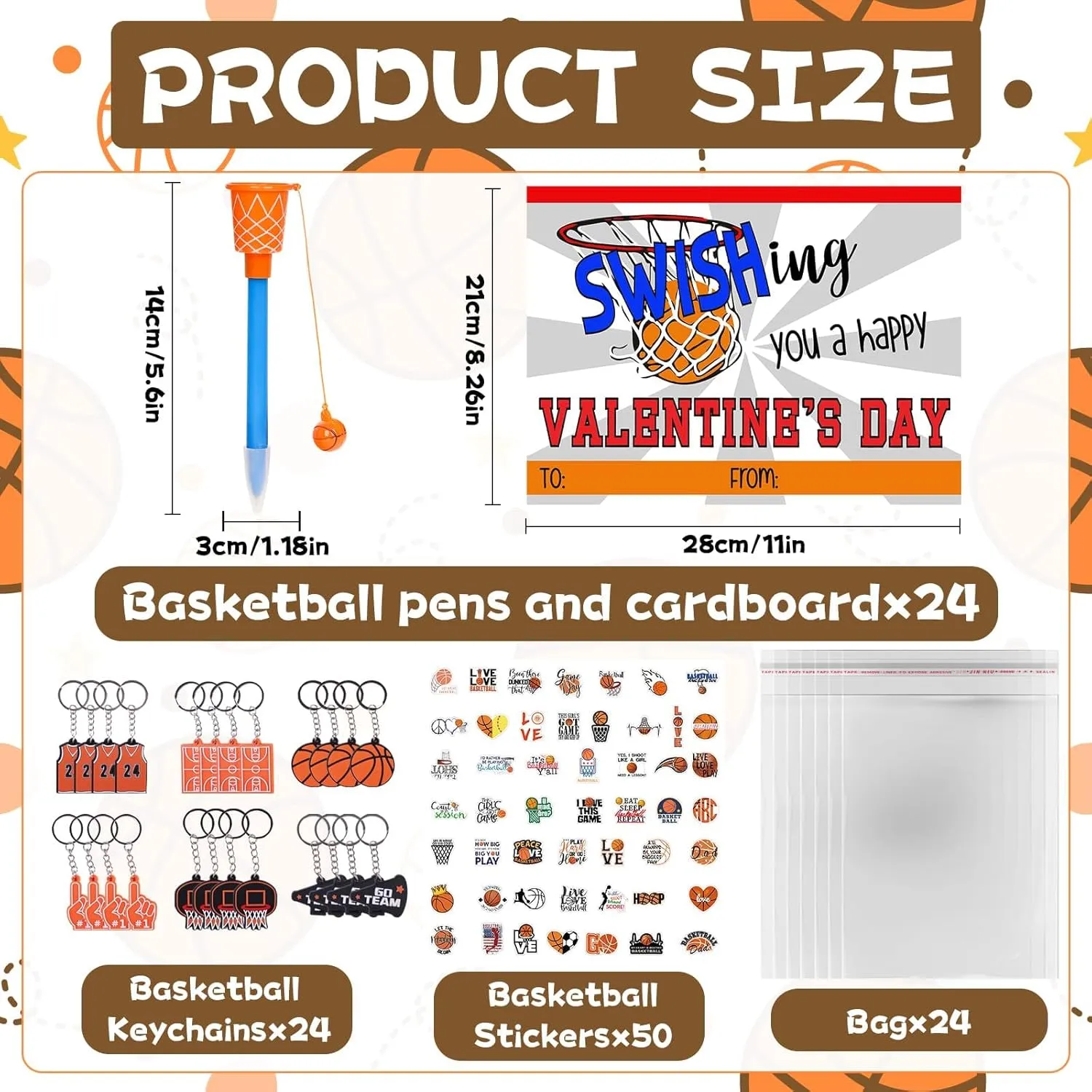 Valentine's Day Gifts 48 Set Basketball Party Favors Basketball Hoop Pens Set Basketball Keychains Stickers Basketball Card Packaging Bags Classroom Rewards Prizes Party Supplies for Kids