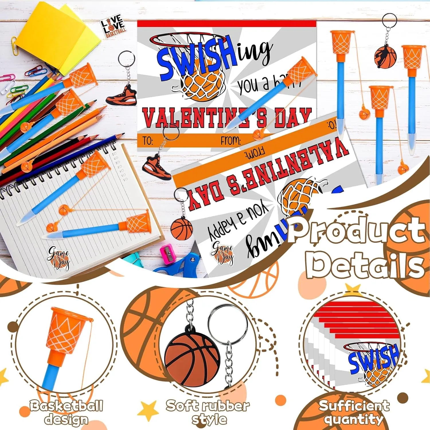 Valentine's Day Gifts 48 Set Basketball Party Favors Basketball Hoop Pens Set Basketball Keychains Stickers Basketball Card Packaging Bags Classroom Rewards Prizes Party Supplies for Kids