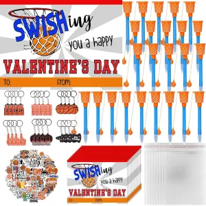 Valentine's Day Gifts 48 Set Basketball Party Favors Basketball Hoop Pens Set Basketball Keychains Stickers Basketball Card Packaging Bags Classroom Rewards Prizes Party Supplies for Kids