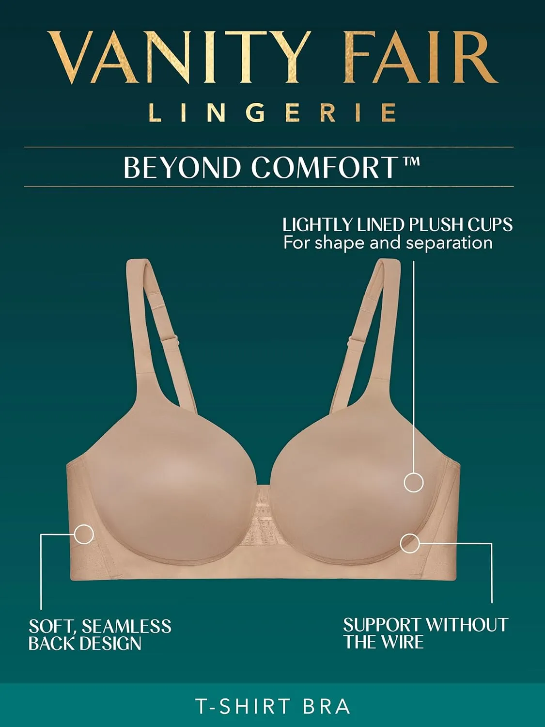 Vanity Fair Women’s Beyond Comfort Full Figure Wireless Bra, Seamless Back, Lightly Lined Cups up to DD