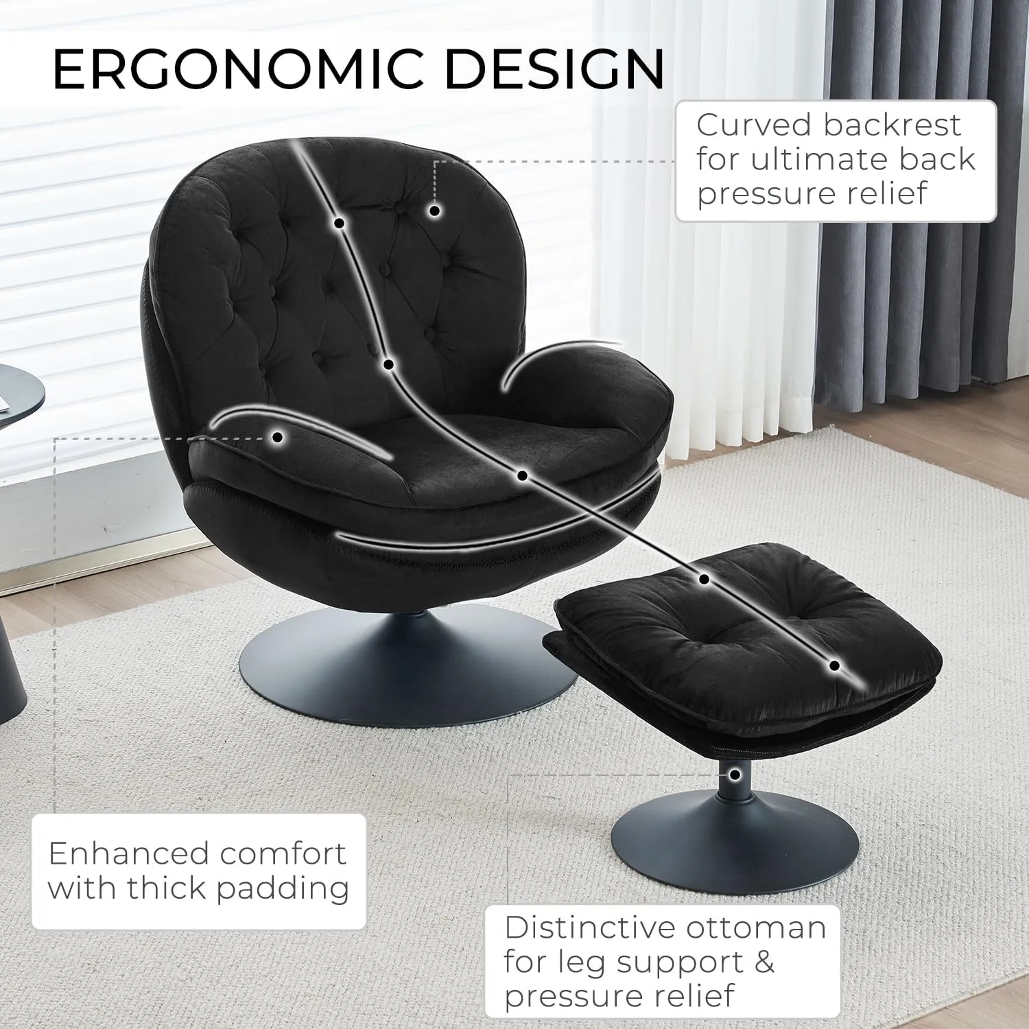 Velvet Swivel Accent Chair with Ottoman Set, Modern Tufted Armchair with Footrest for Living Room, Reading TV Chair for Adults, Comfy Chaise Lounge Chairs with 360 Degree Swiveling for Bedroom, Black