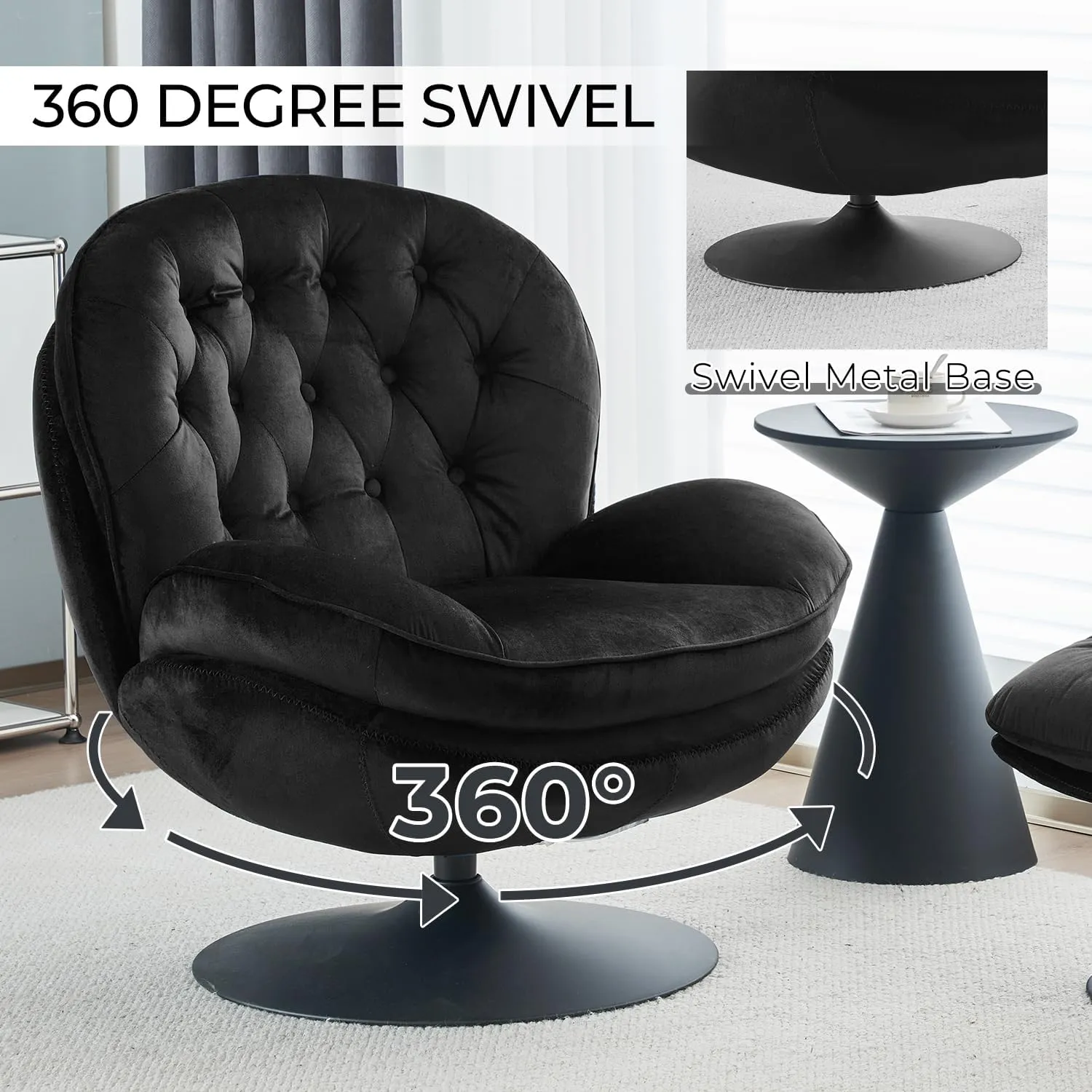 Velvet Swivel Accent Chair with Ottoman Set, Modern Tufted Armchair with Footrest for Living Room, Reading TV Chair for Adults, Comfy Chaise Lounge Chairs with 360 Degree Swiveling for Bedroom, Black