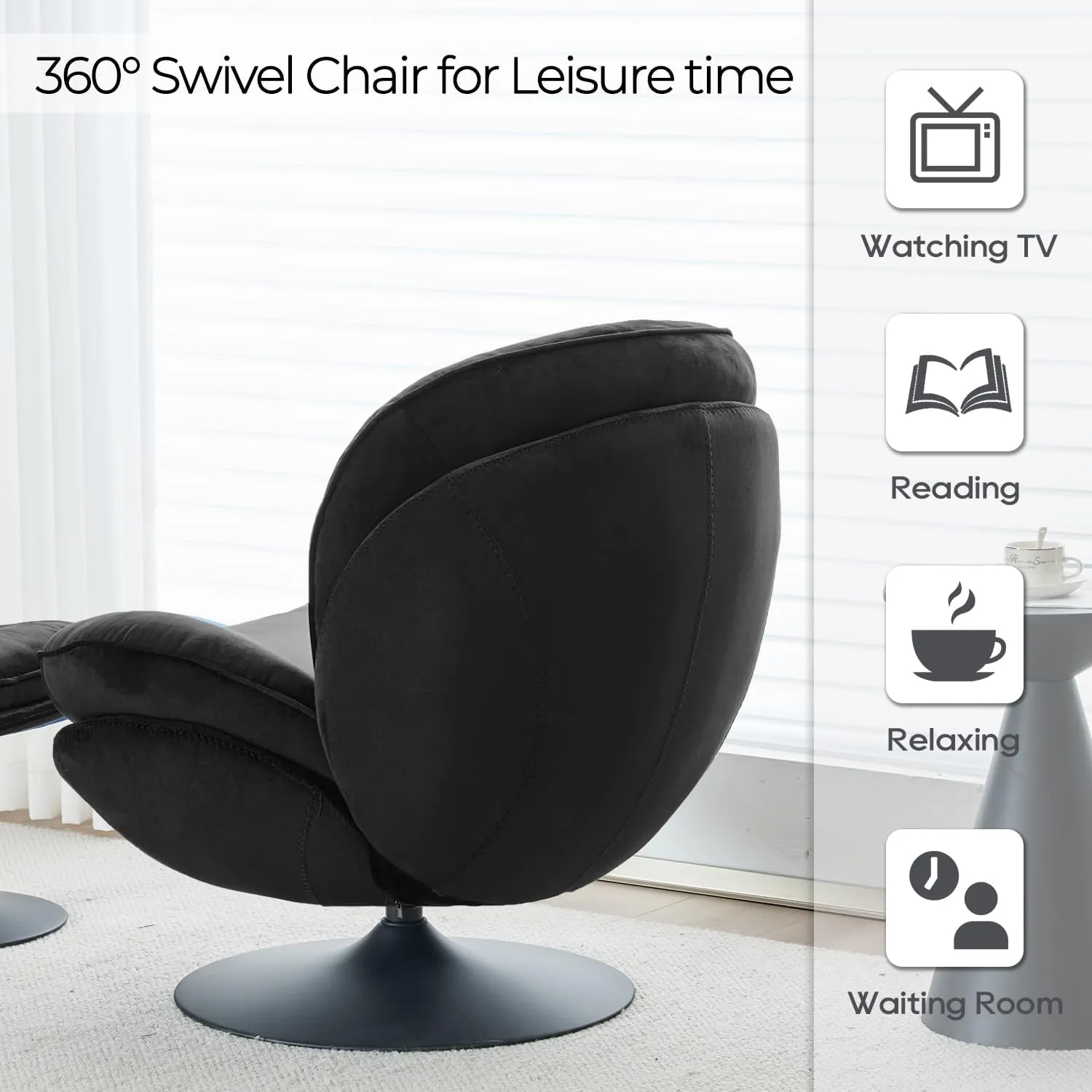 Velvet Swivel Accent Chair with Ottoman Set, Modern Tufted Armchair with Footrest for Living Room, Reading TV Chair for Adults, Comfy Chaise Lounge Chairs with 360 Degree Swiveling for Bedroom, Black