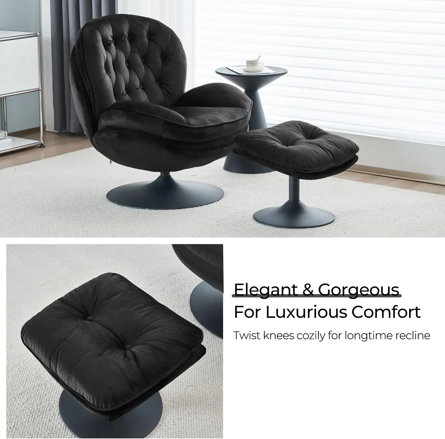 Velvet Swivel Accent Chair with Ottoman Set, Modern Tufted Armchair with Footrest for Living Room, Reading TV Chair for Adults, Comfy Chaise Lounge Chairs with 360 Degree Swiveling for Bedroom, Black