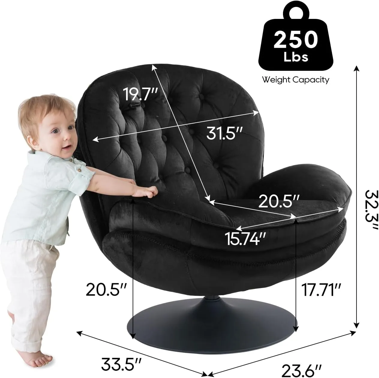 Velvet Swivel Accent Chair with Ottoman Set, Modern Tufted Armchair with Footrest for Living Room, Reading TV Chair for Adults, Comfy Chaise Lounge Chairs with 360 Degree Swiveling for Bedroom, Black