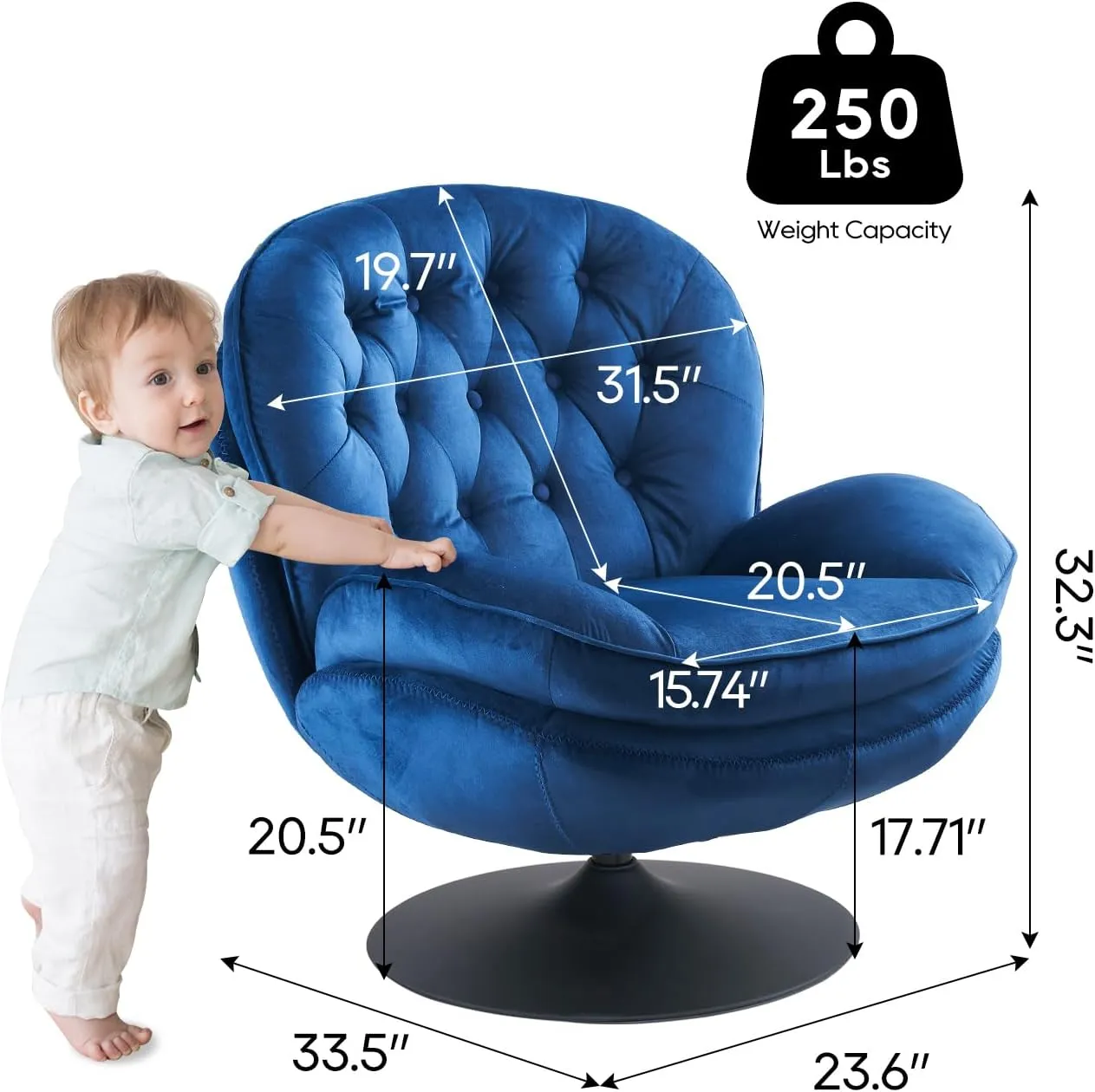 Velvet Swivel Accent Chair with Ottoman Set, Modern Tufted Armchair with Footrest for Living Room, Reading TV Chair for Adults, Comfy Chaise Lounge Chairs with 360 Degree Swiveling for Bedroom, Blue
