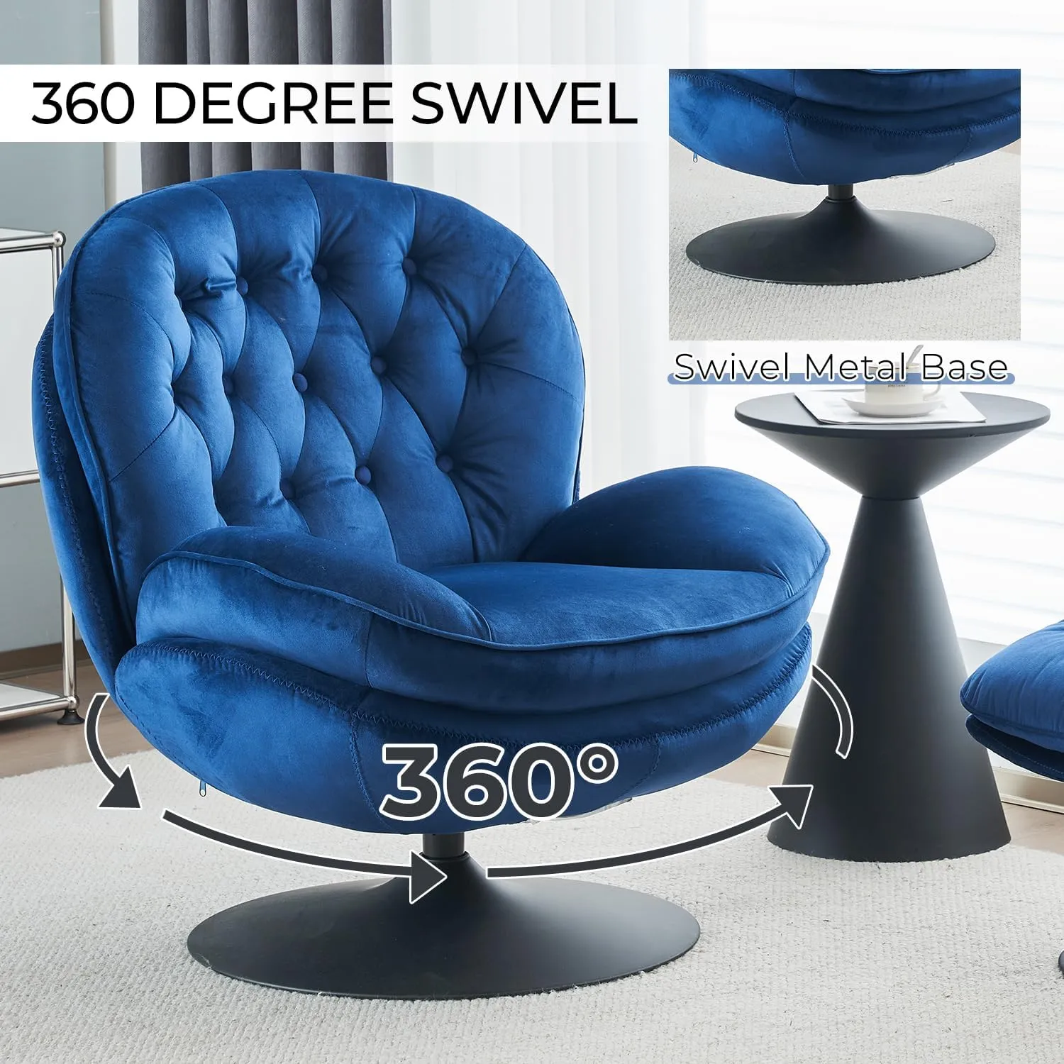 Velvet Swivel Accent Chair with Ottoman Set, Modern Tufted Armchair with Footrest for Living Room, Reading TV Chair for Adults, Comfy Chaise Lounge Chairs with 360 Degree Swiveling for Bedroom, Blue