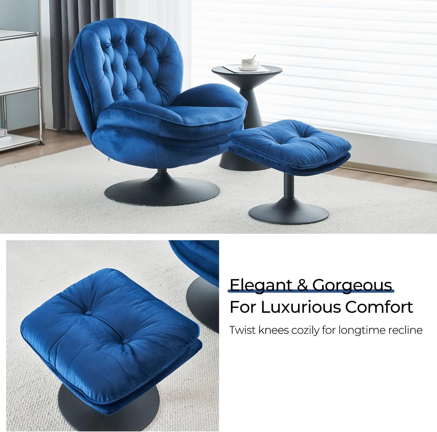 Velvet Swivel Accent Chair with Ottoman Set, Modern Tufted Armchair with Footrest for Living Room, Reading TV Chair for Adults, Comfy Chaise Lounge Chairs with 360 Degree Swiveling for Bedroom, Blue