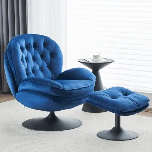 Velvet Swivel Accent Chair with Ottoman Set, Modern Tufted Armchair with Footrest for Living Room, Reading TV Chair for Adults, Comfy Chaise Lounge Chairs with 360 Degree Swiveling for Bedroom, Blue