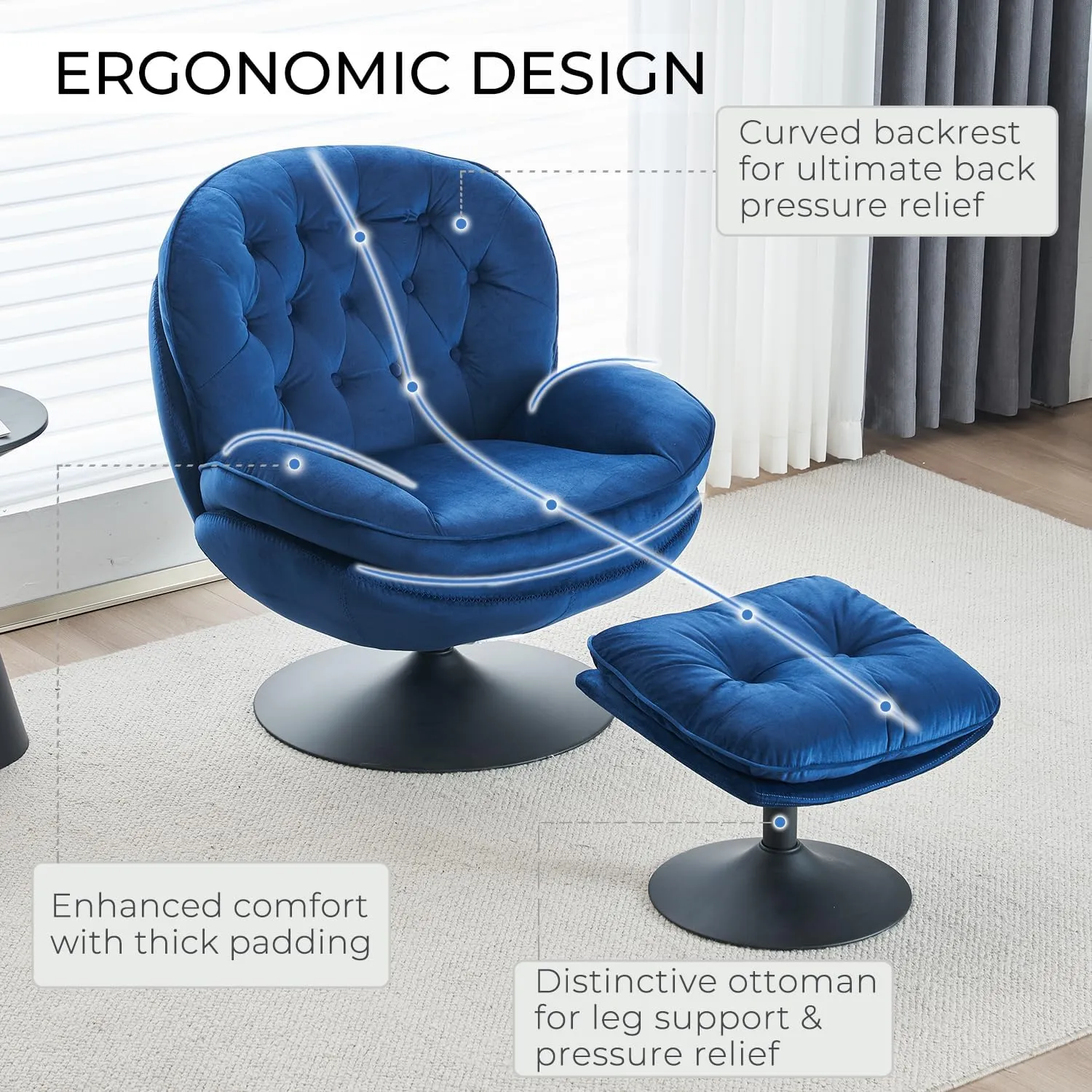 Velvet Swivel Accent Chair with Ottoman Set, Modern Tufted Armchair with Footrest for Living Room, Reading TV Chair for Adults, Comfy Chaise Lounge Chairs with 360 Degree Swiveling for Bedroom, Blue