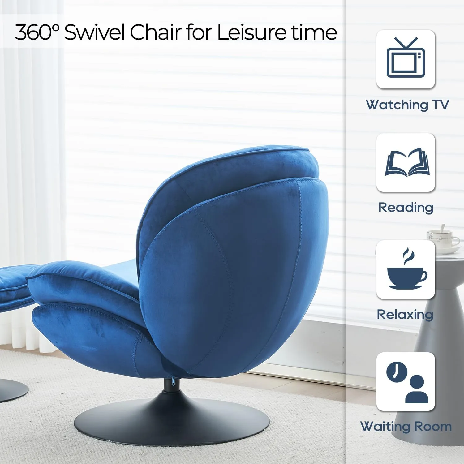 Velvet Swivel Accent Chair with Ottoman Set, Modern Tufted Armchair with Footrest for Living Room, Reading TV Chair for Adults, Comfy Chaise Lounge Chairs with 360 Degree Swiveling for Bedroom, Blue
