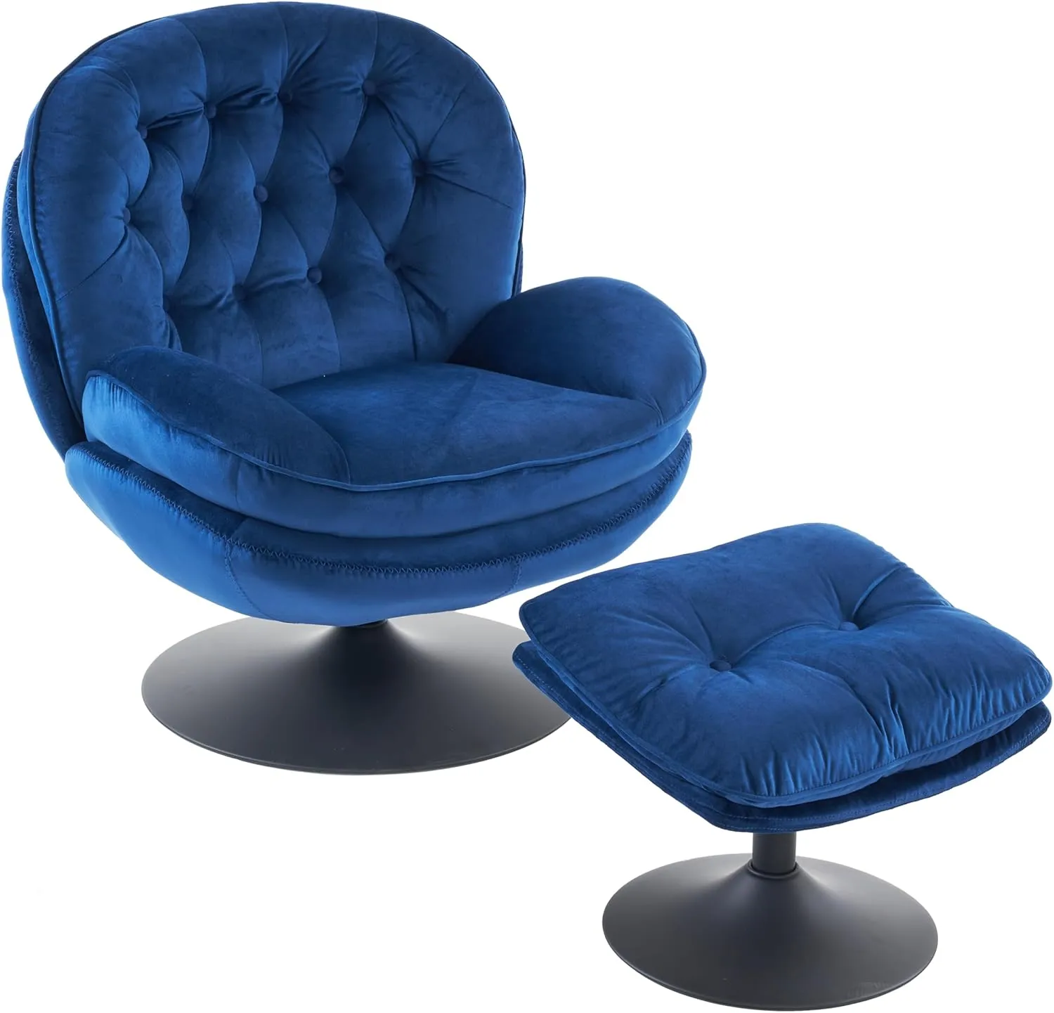 Velvet Swivel Accent Chair with Ottoman Set, Modern Tufted Armchair with Footrest for Living Room, Reading TV Chair for Adults, Comfy Chaise Lounge Chairs with 360 Degree Swiveling for Bedroom, Blue