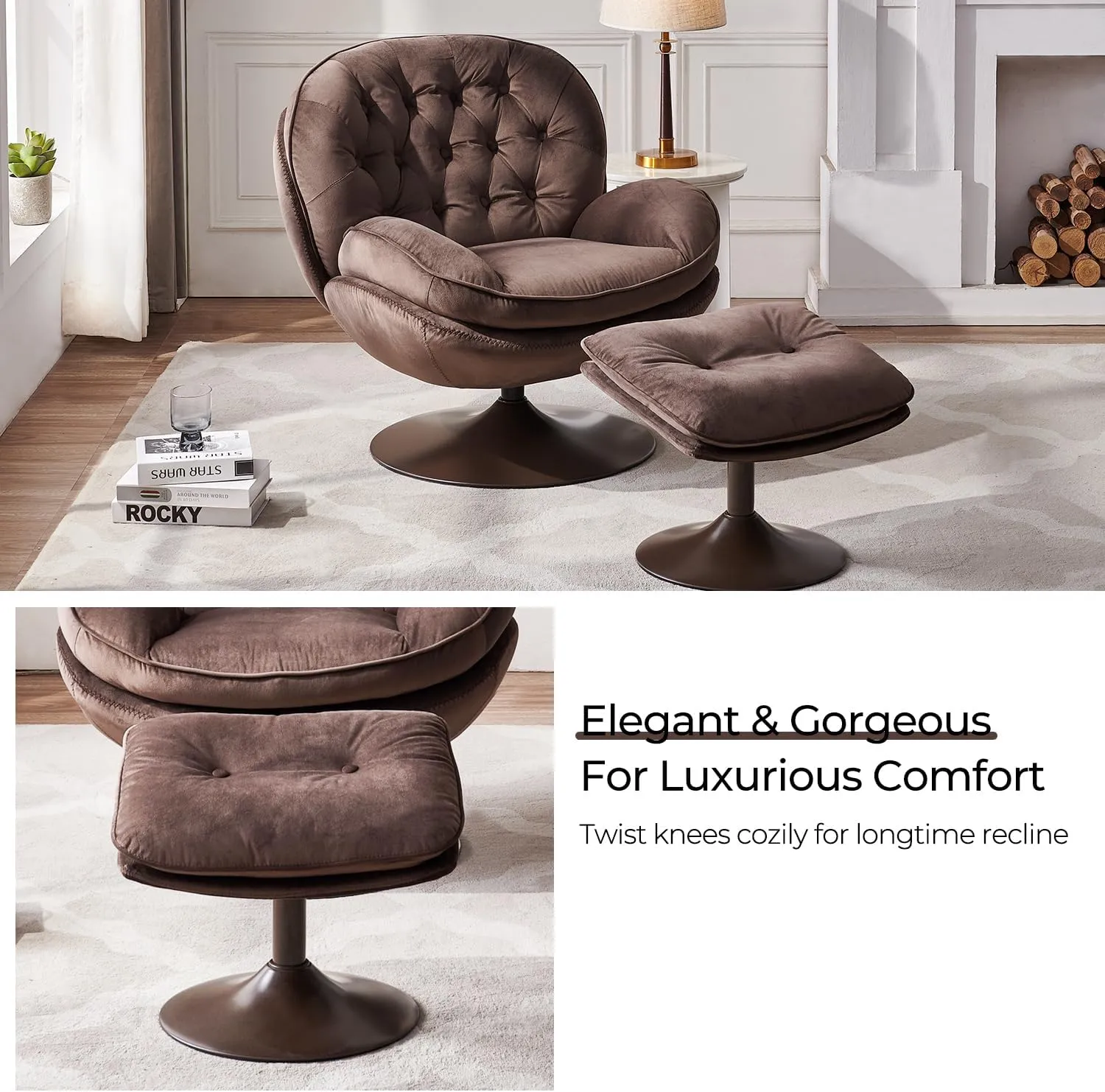 Velvet Swivel Accent Chair with Ottoman Set, Modern Tufted Armchair with Footrest for Living Room, Reading TV Chair for Adults, Comfy Chaise Lounge Chairs with 360 Degree Swiveling for Bedroom, Brown