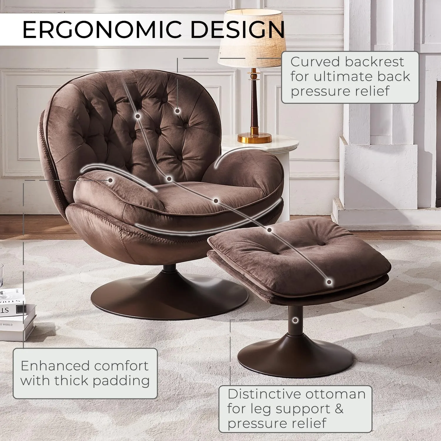 Velvet Swivel Accent Chair with Ottoman Set, Modern Tufted Armchair with Footrest for Living Room, Reading TV Chair for Adults, Comfy Chaise Lounge Chairs with 360 Degree Swiveling for Bedroom, Brown