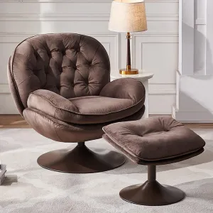 Velvet Swivel Accent Chair with Ottoman Set, Modern Tufted Armchair with Footrest for Living Room, Reading TV Chair for Adults, Comfy Chaise Lounge Chairs with 360 Degree Swiveling for Bedroom, Brown