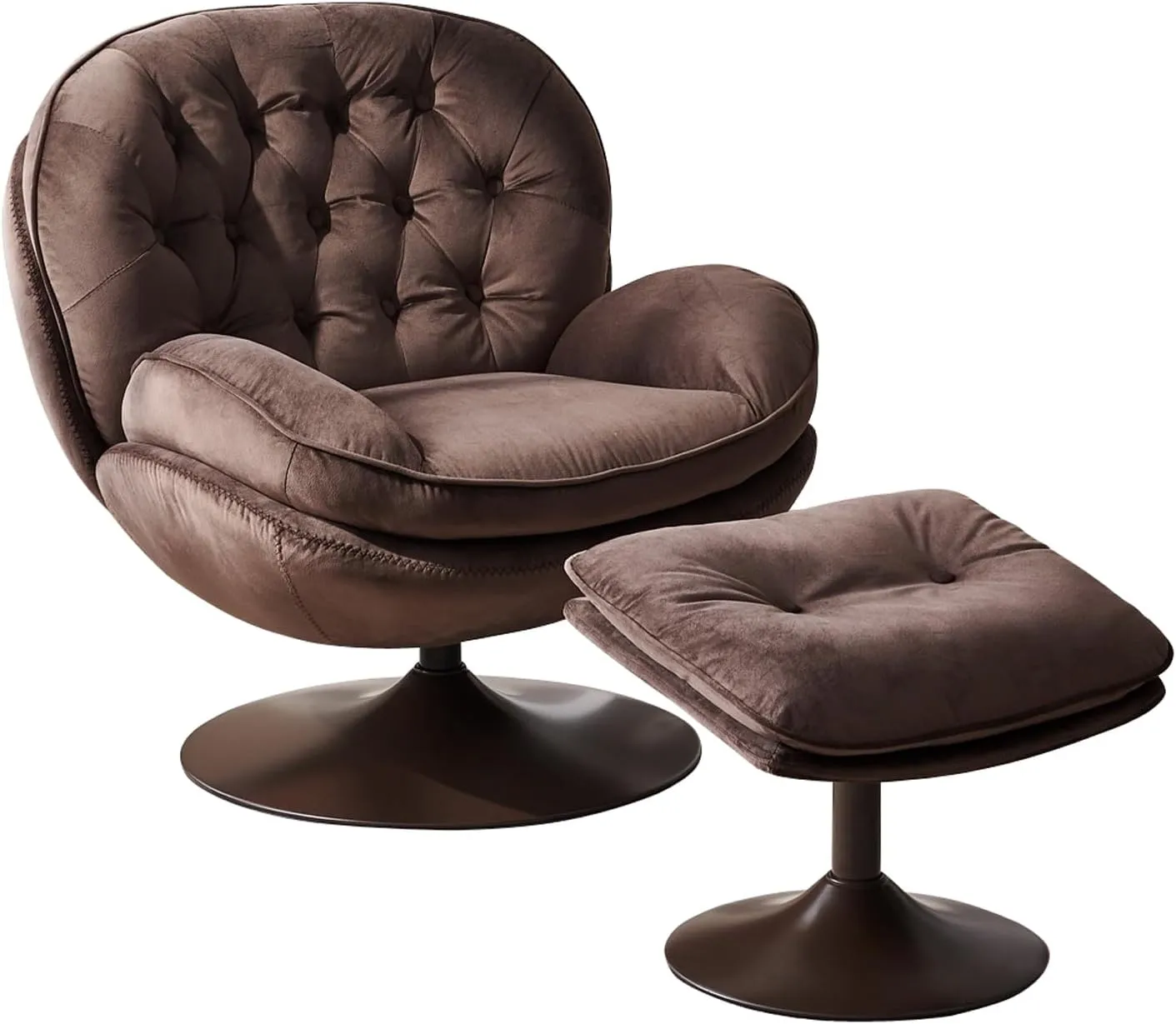 Velvet Swivel Accent Chair with Ottoman Set, Modern Tufted Armchair with Footrest for Living Room, Reading TV Chair for Adults, Comfy Chaise Lounge Chairs with 360 Degree Swiveling for Bedroom, Brown