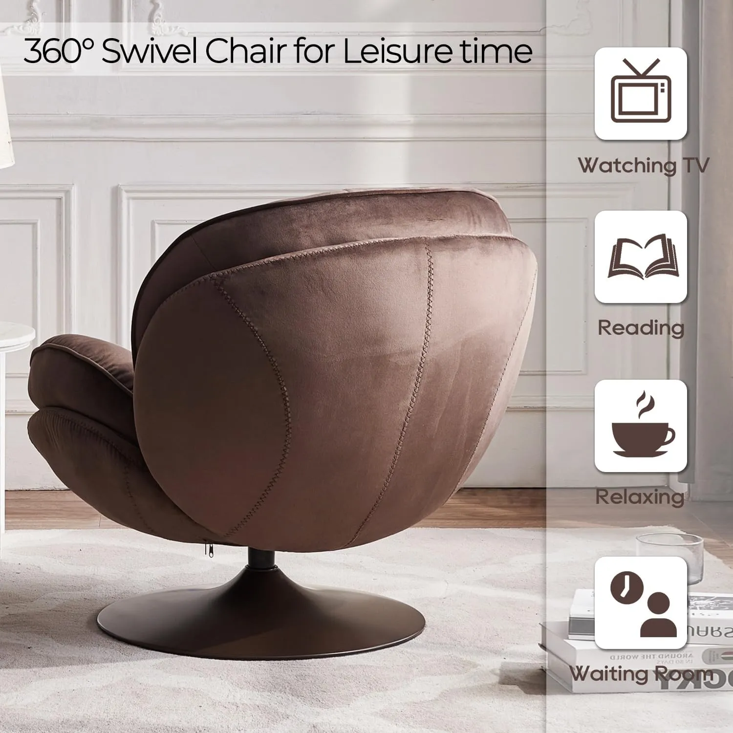 Velvet Swivel Accent Chair with Ottoman Set, Modern Tufted Armchair with Footrest for Living Room, Reading TV Chair for Adults, Comfy Chaise Lounge Chairs with 360 Degree Swiveling for Bedroom, Brown