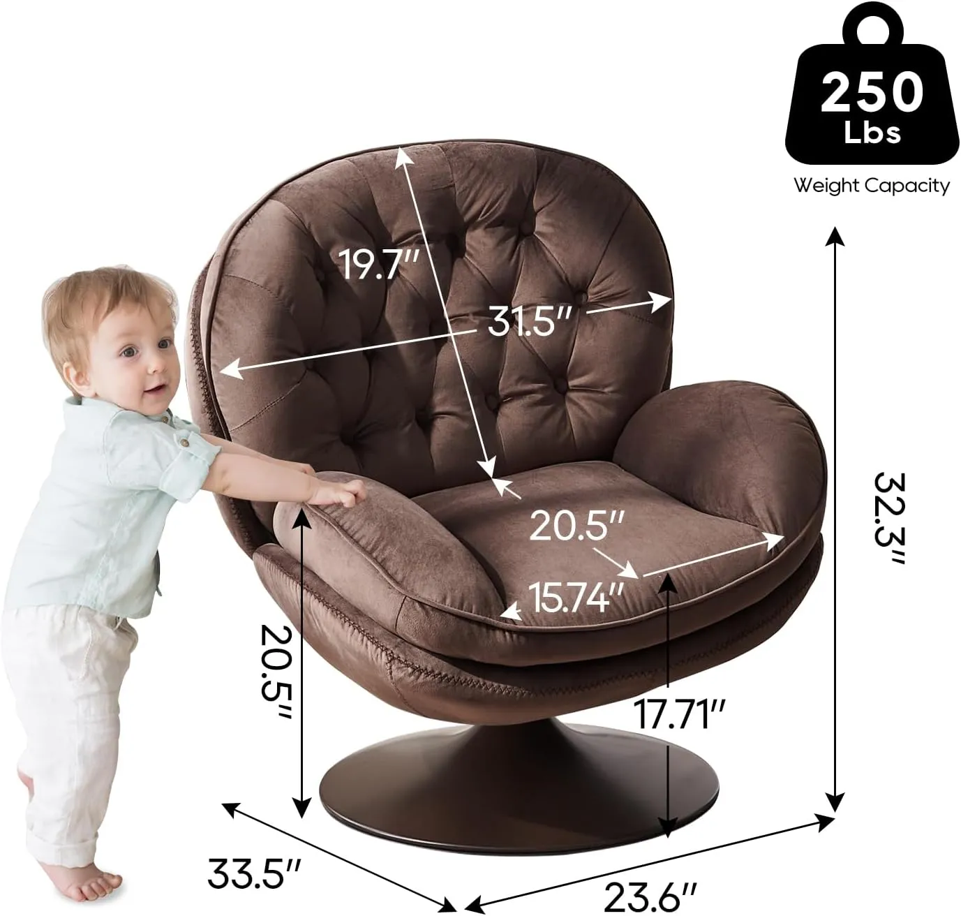 Velvet Swivel Accent Chair with Ottoman Set, Modern Tufted Armchair with Footrest for Living Room, Reading TV Chair for Adults, Comfy Chaise Lounge Chairs with 360 Degree Swiveling for Bedroom, Brown