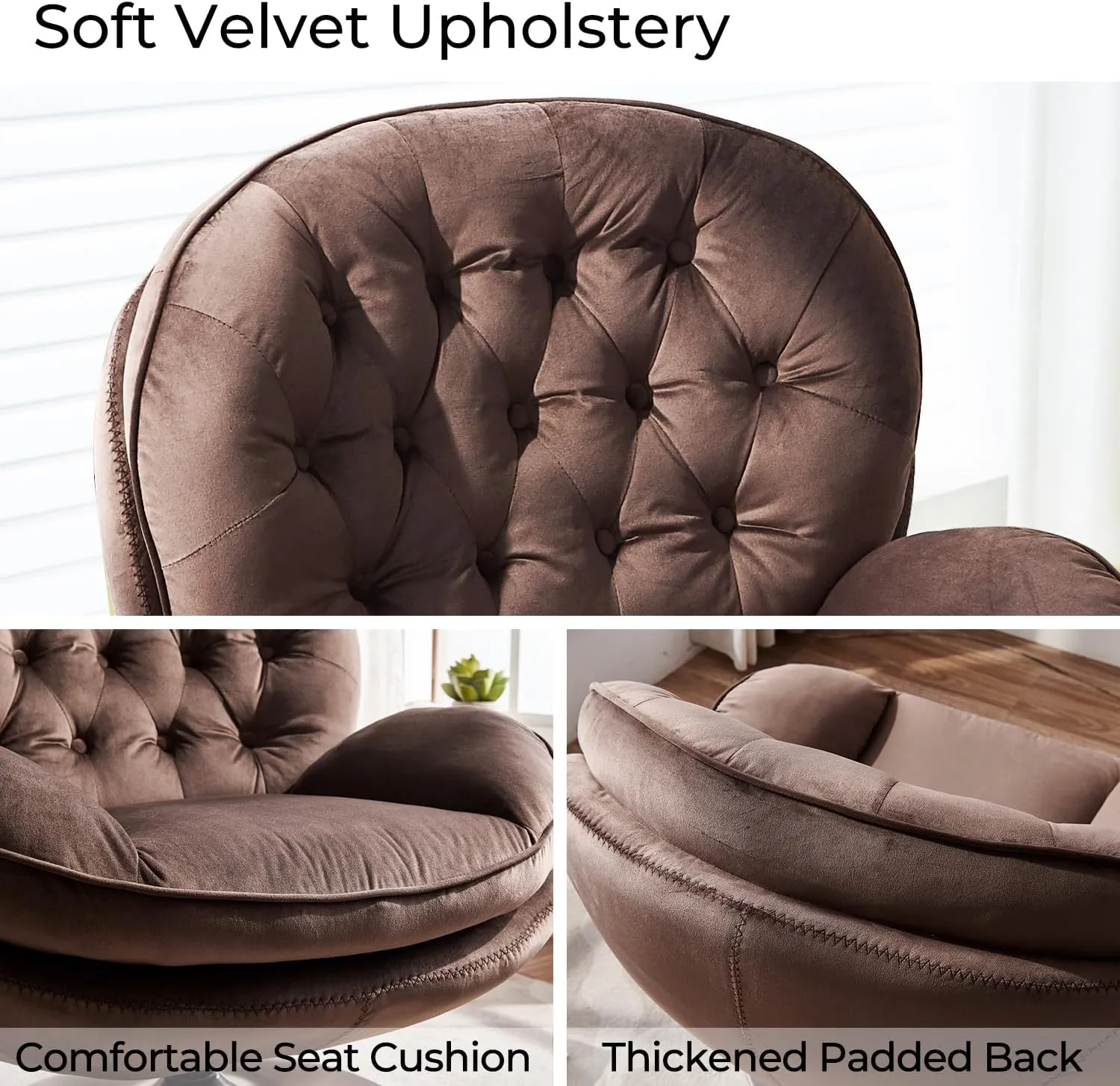 Velvet Swivel Accent Chair with Ottoman Set, Modern Tufted Armchair with Footrest for Living Room, Reading TV Chair for Adults, Comfy Chaise Lounge Chairs with 360 Degree Swiveling for Bedroom, Brown