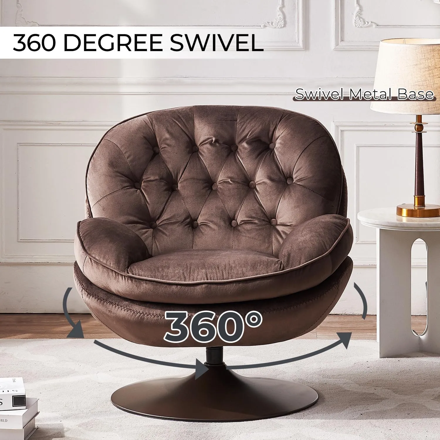 Velvet Swivel Accent Chair with Ottoman Set, Modern Tufted Armchair with Footrest for Living Room, Reading TV Chair for Adults, Comfy Chaise Lounge Chairs with 360 Degree Swiveling for Bedroom, Brown