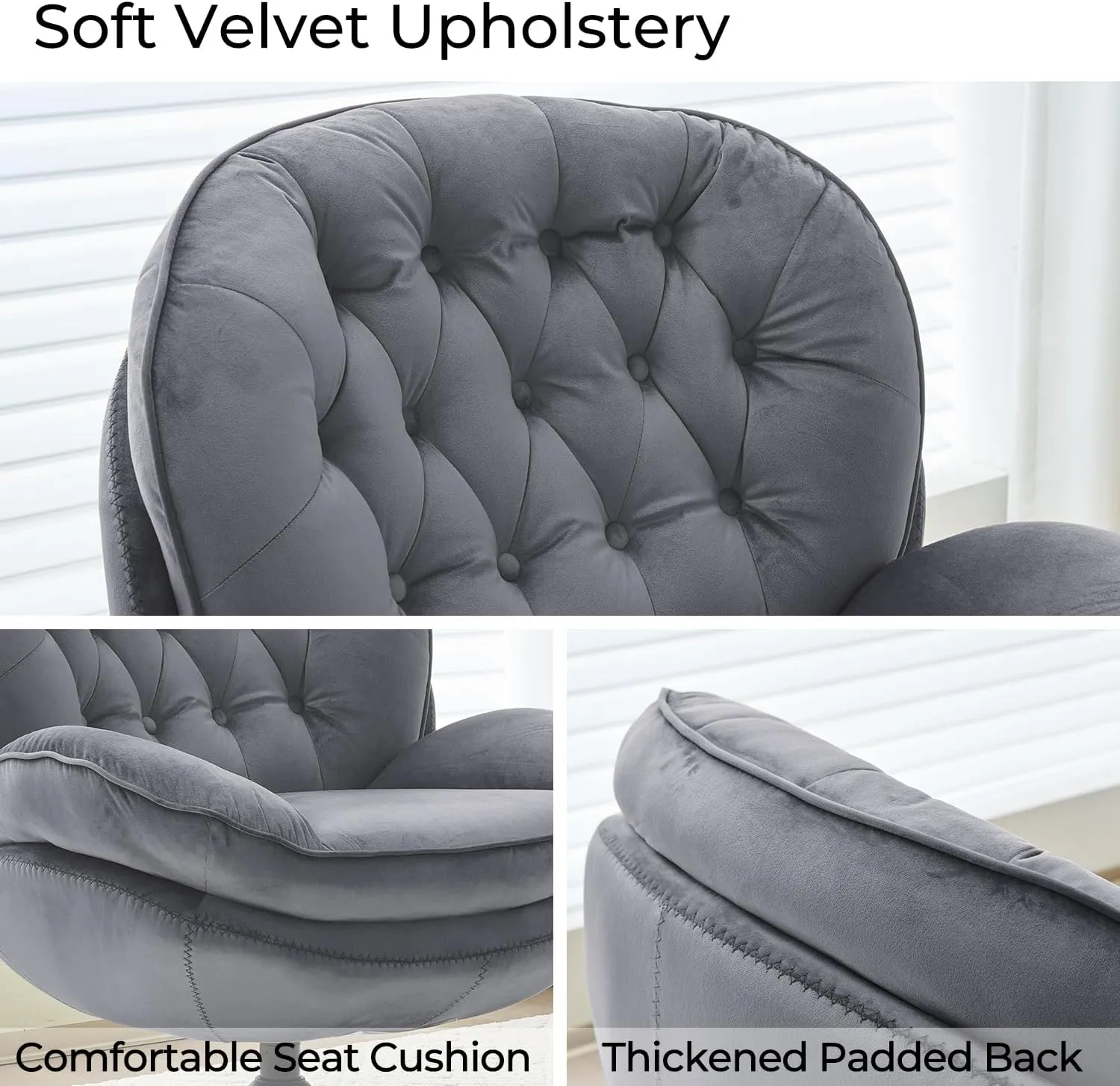 Velvet Swivel Accent Chair with Ottoman Set, Modern Tufted Armchair with Footrest for Living Room, Reading TV Chair for Adults, Comfy Chaise Lounge Chairs with 360 Degree Swiveling for Bedroom, Grey
