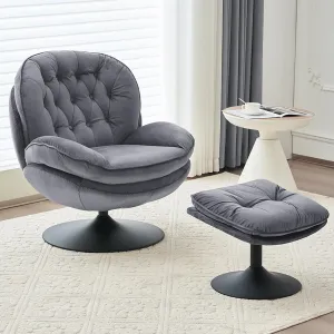 Velvet Swivel Accent Chair with Ottoman Set, Modern Tufted Armchair with Footrest for Living Room, Reading TV Chair for Adults, Comfy Chaise Lounge Chairs with 360 Degree Swiveling for Bedroom, Grey